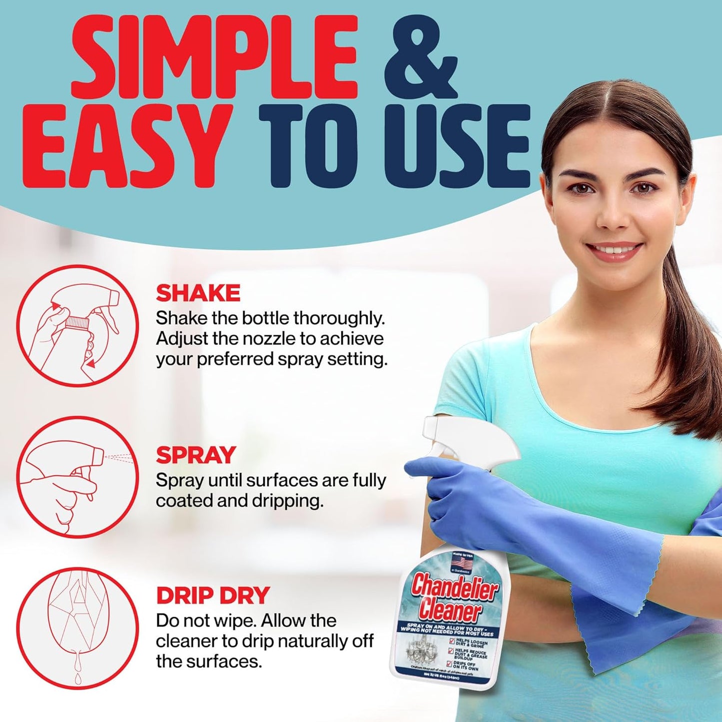 32oz Chandelier Cleaner Spray – Chandelier Cleaner Drip Dry No Wipe for Most Uses – Streak-Free Glass Cleaner – Helps Loosen Dirt & Grime – Multi-Surface Use – Made in USA