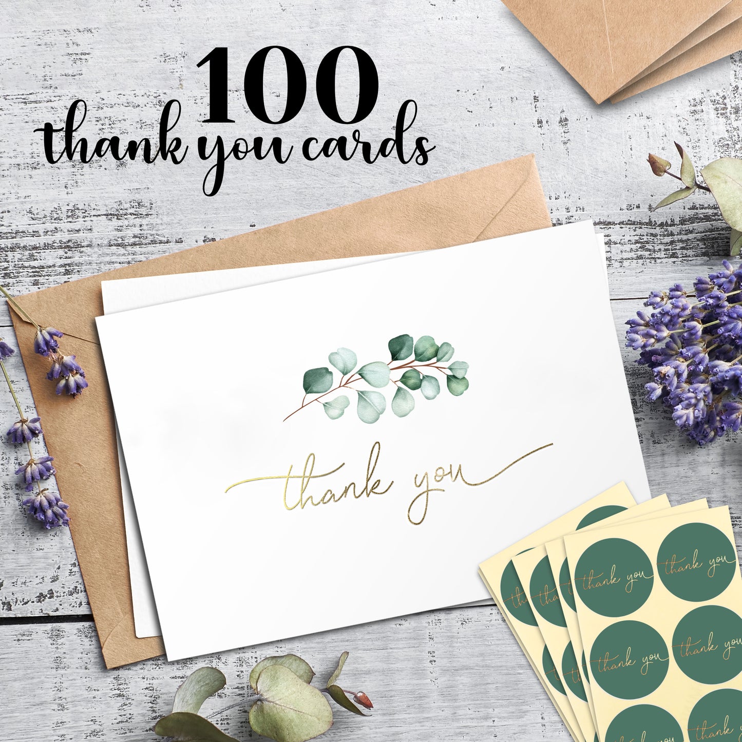100 Heavyweight Blank Thank You Cards with Envelopes for a Personal Touch, Eucalyptus Thank You Card for Any Occasion, Wedding, Bulk Pack Card with Envelopes & Stickers (3.7 x 5.1 Inches) (100 Pack)