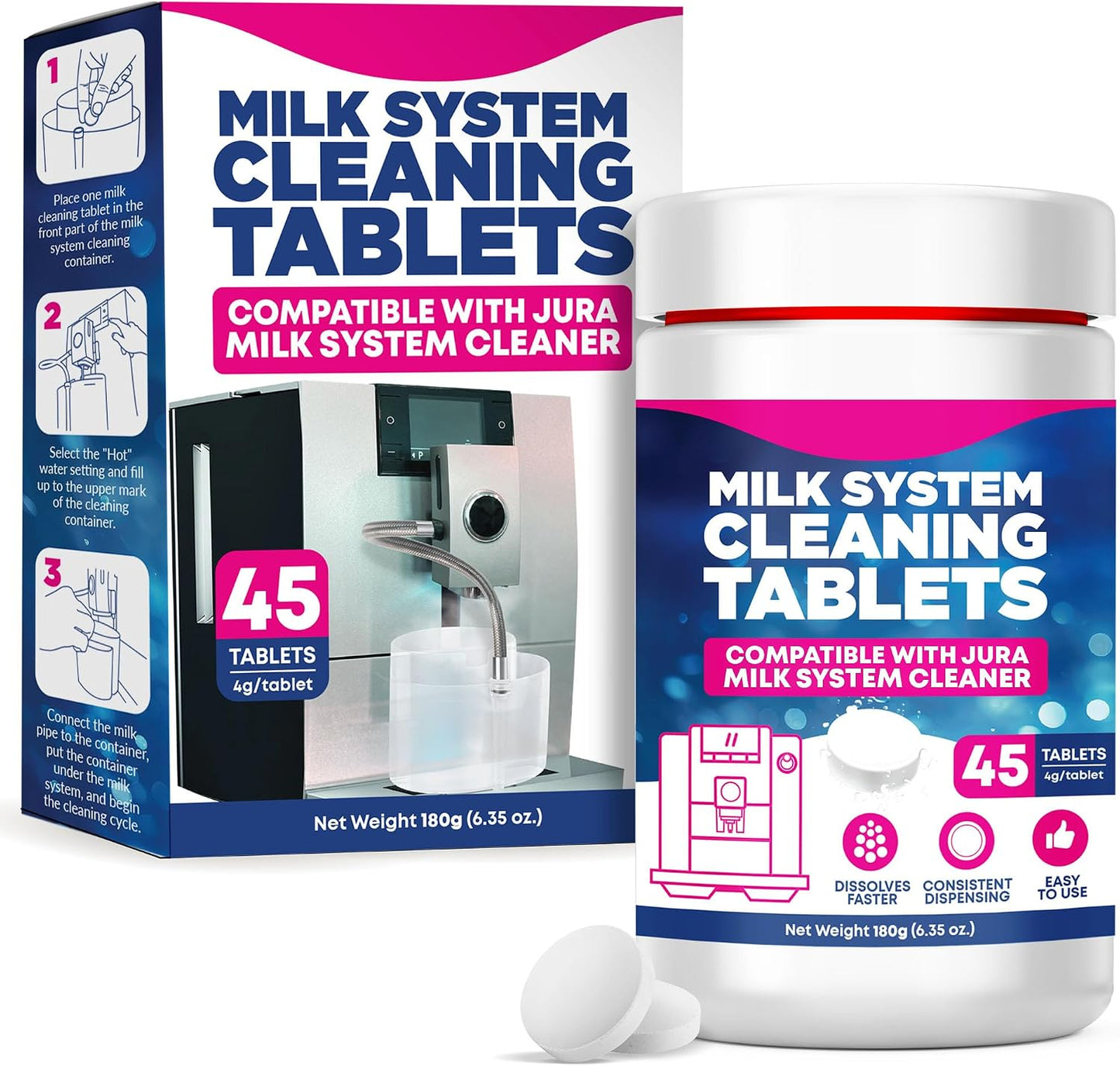 [45 Count, 180g Bottle] Milk System Cleaning Tablets for Automatic Coffee Machines - Compatible with Jura Automatic Coffee Machines - Includes Cleaning, Descaling Tablets, and Milk System Cleaner