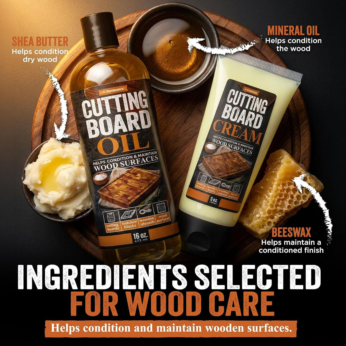 Cutting Board Oil 16oz, Cream 5oz, Microfiber & Wood Applicators