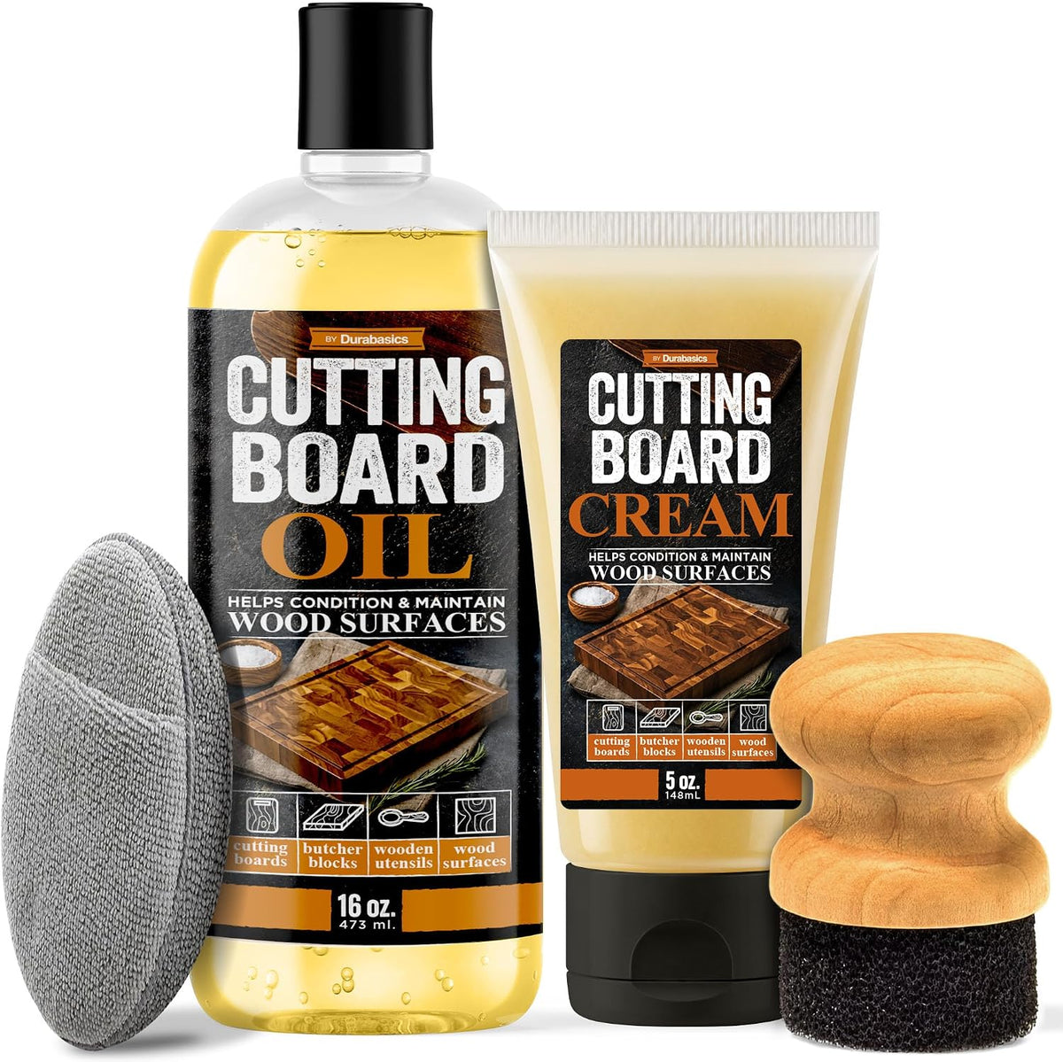 Cutting Board Oil 16oz, Cream 5oz, Microfiber & Wood Applicators
