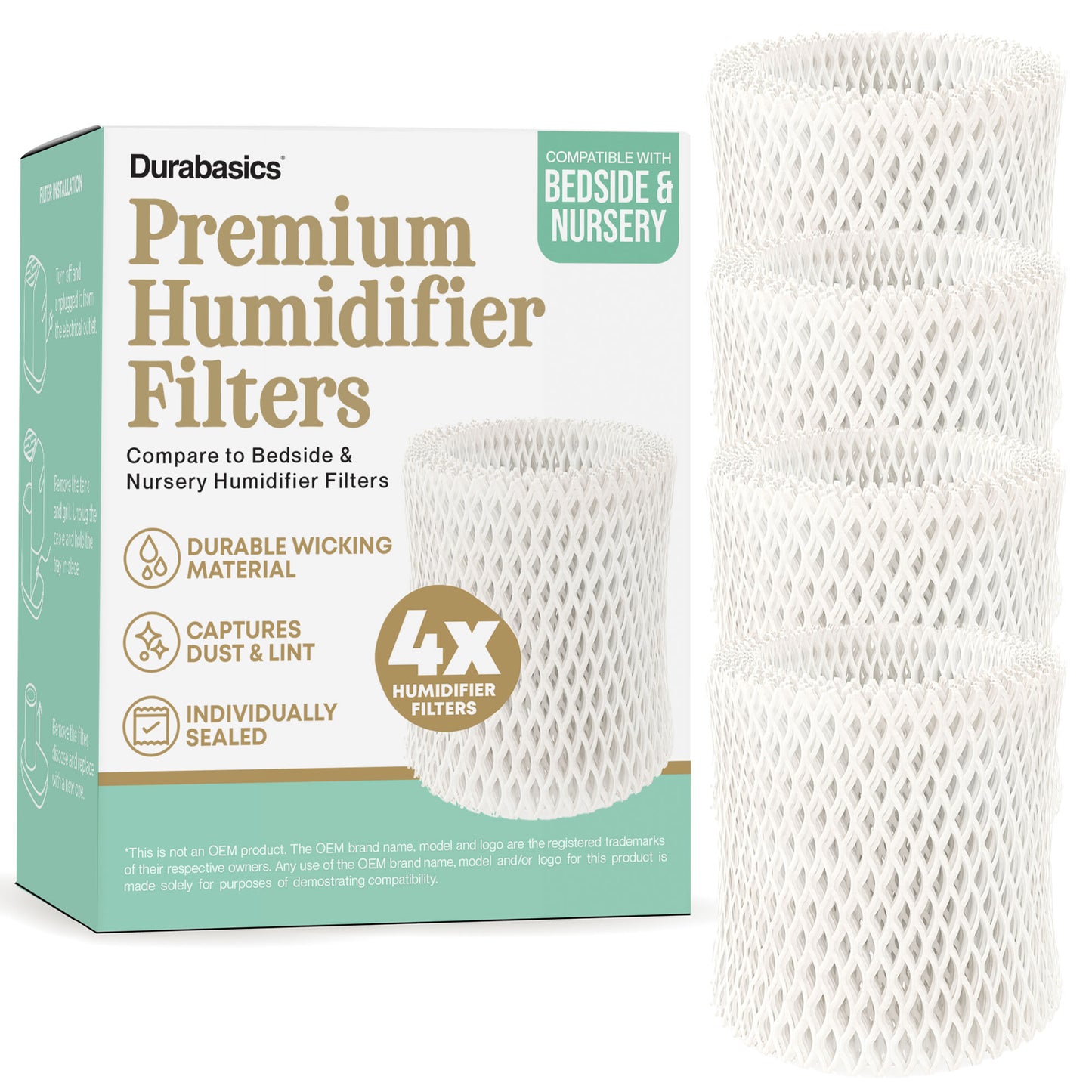 Durabasics Humidifier Filter – 4 Pack, Compatible with Canopy Bedside Humidifiers Filter Replacements,  Wood Pulp Paper Filters, Designed to Capture Water Minerals, Replace About Every 6 Weeks