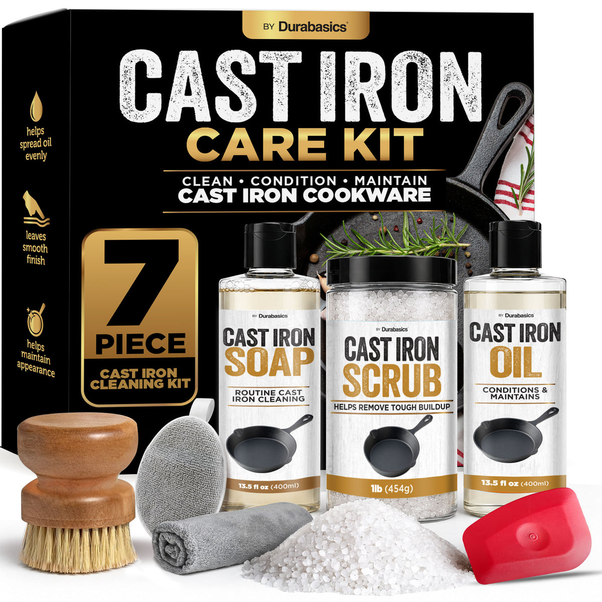 Durabasics Cast Iron Cleaner Kit with Soap, Scrub, Oil & Accessories