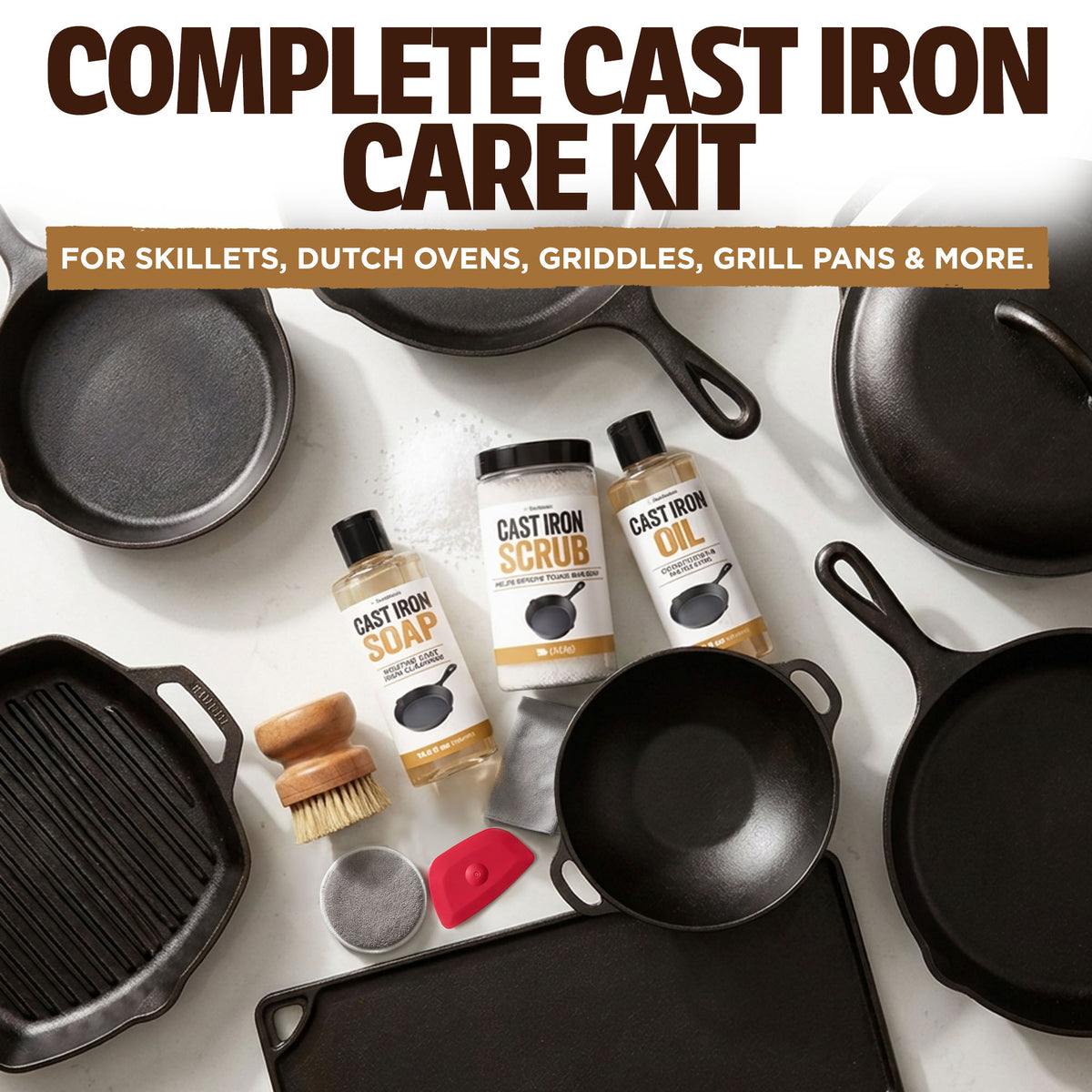 Durabasics Cast Iron Cleaner Kit with Soap, Scrub, Oil & Accessories