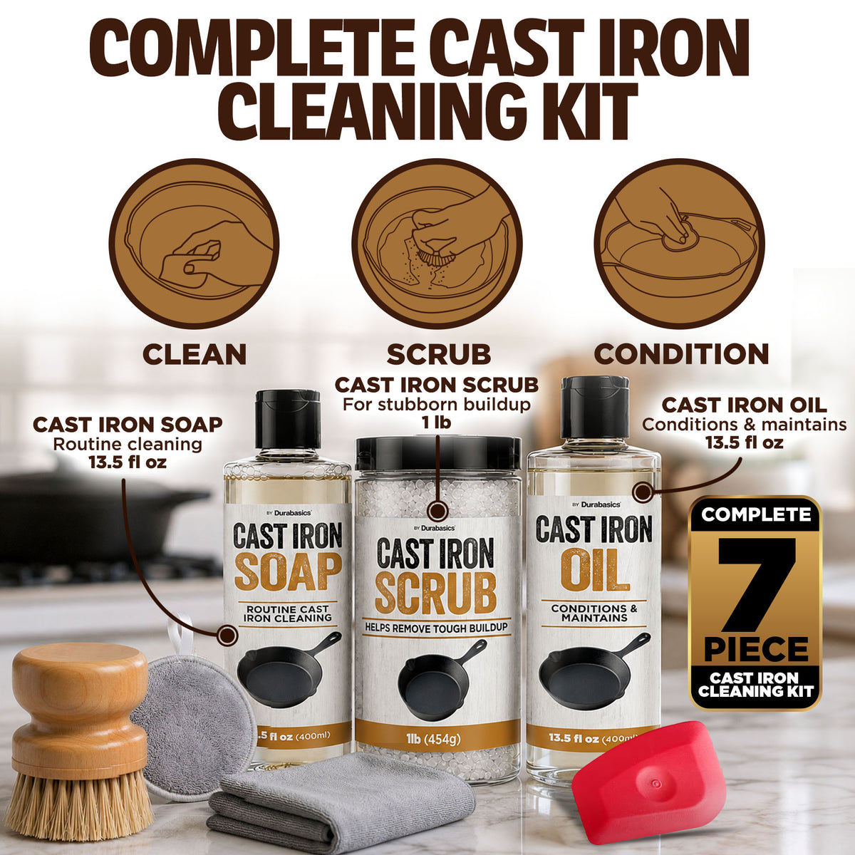 Durabasics Cast Iron Cleaner Kit with Soap, Scrub, Oil & Accessories