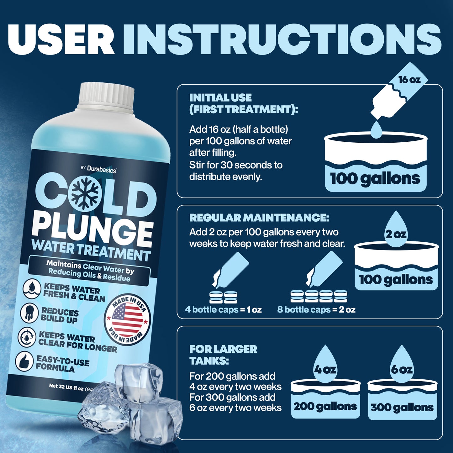 Durabasics 3in1 Cold Plunge Water Treatment – Helps Maintain Clear, Fresh-Looking Water | Cold Plunge Cleaner & Water Stabilizer | 32-Week Supply | Easy to Use | Ice Bath Water Treatment – 32 oz