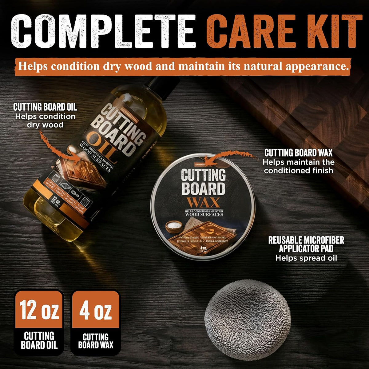 Durabasics Cutting Board Oil & Wax Kit, 12 oz Oil, 4 oz Wax & Applicator