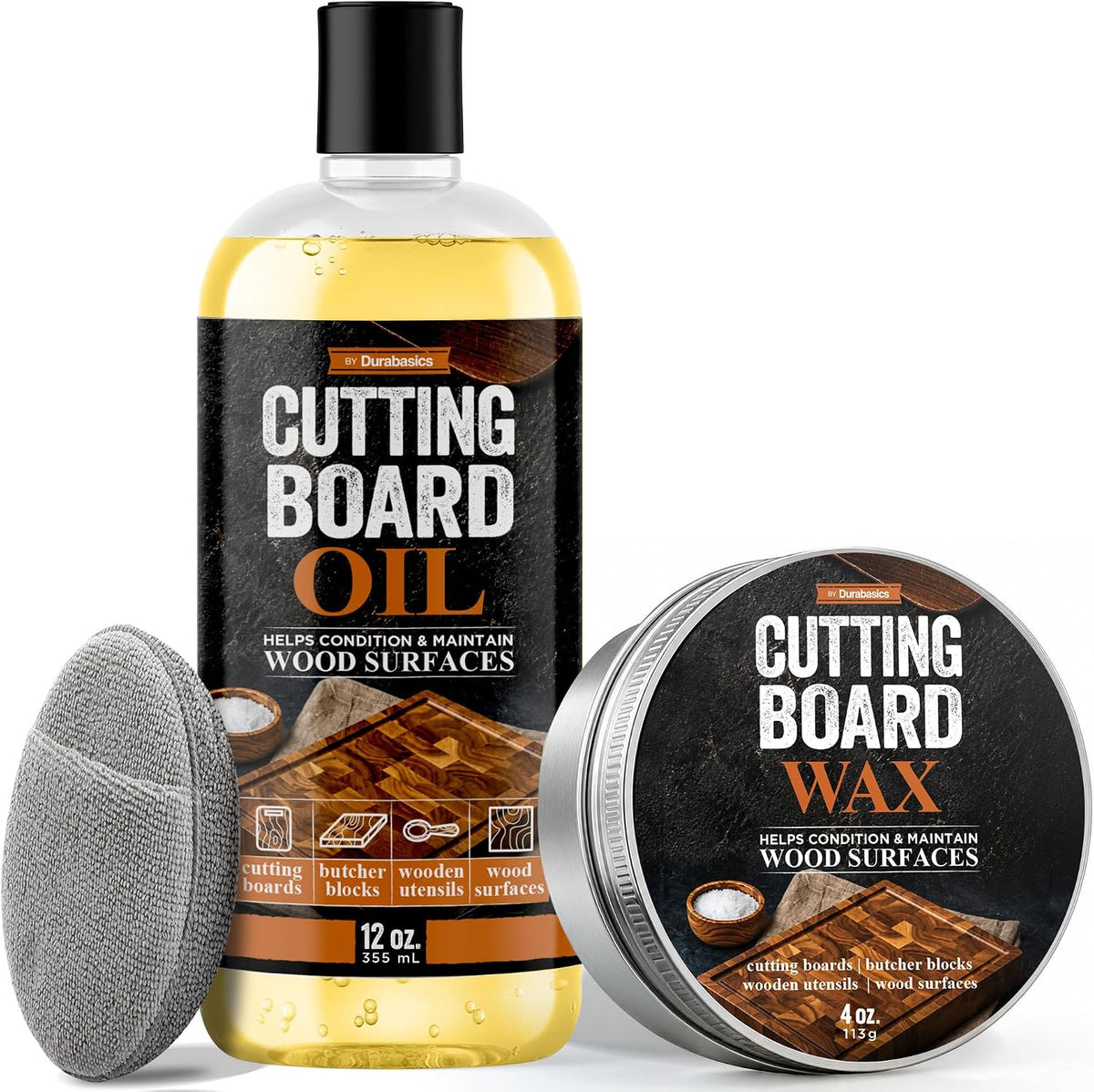Durabasics Cutting Board Oil & Wax Kit, 12 oz Oil, 4 oz Wax & Applicator