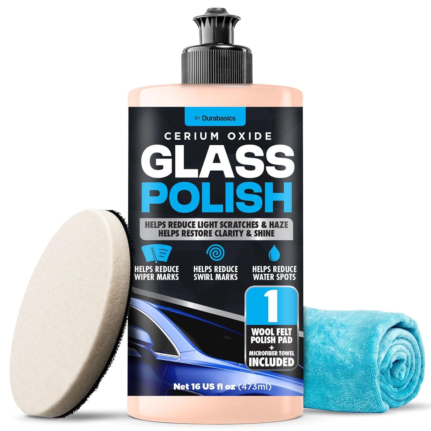 Durabasics Glass Polish Scratch Remover – Helps Reduce Light Scratches & Haze on Windshield & Glass Surfaces – Cerium Oxide Compound with 3” Wool Felt Polishing Pad Kit – 16oz