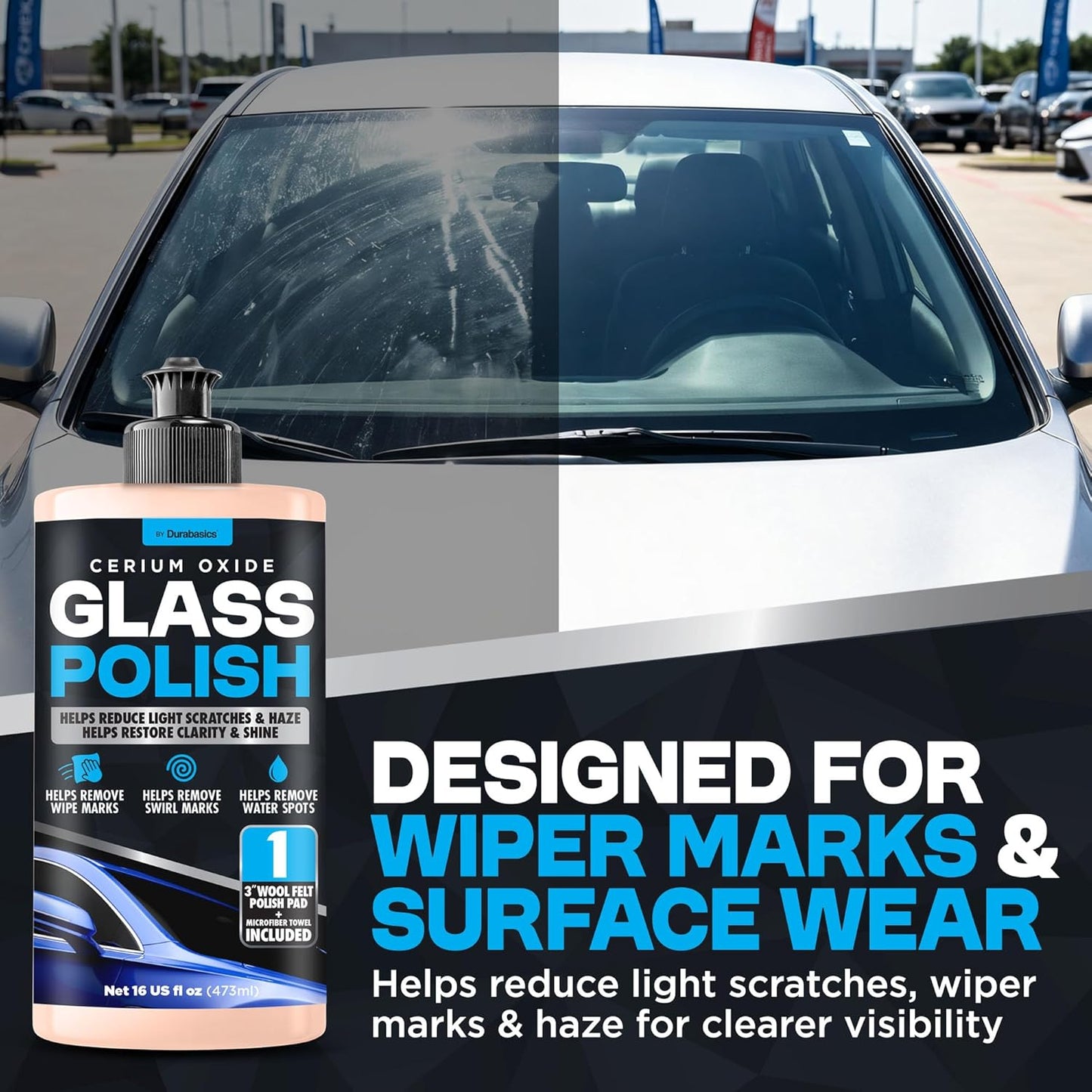 Durabasics Glass Polish Scratch Remover – Helps Reduce Light Scratches & Haze on Windshield & Glass Surfaces – Cerium Oxide Compound with 3” Wool Felt Polishing Pad Kit – 16oz