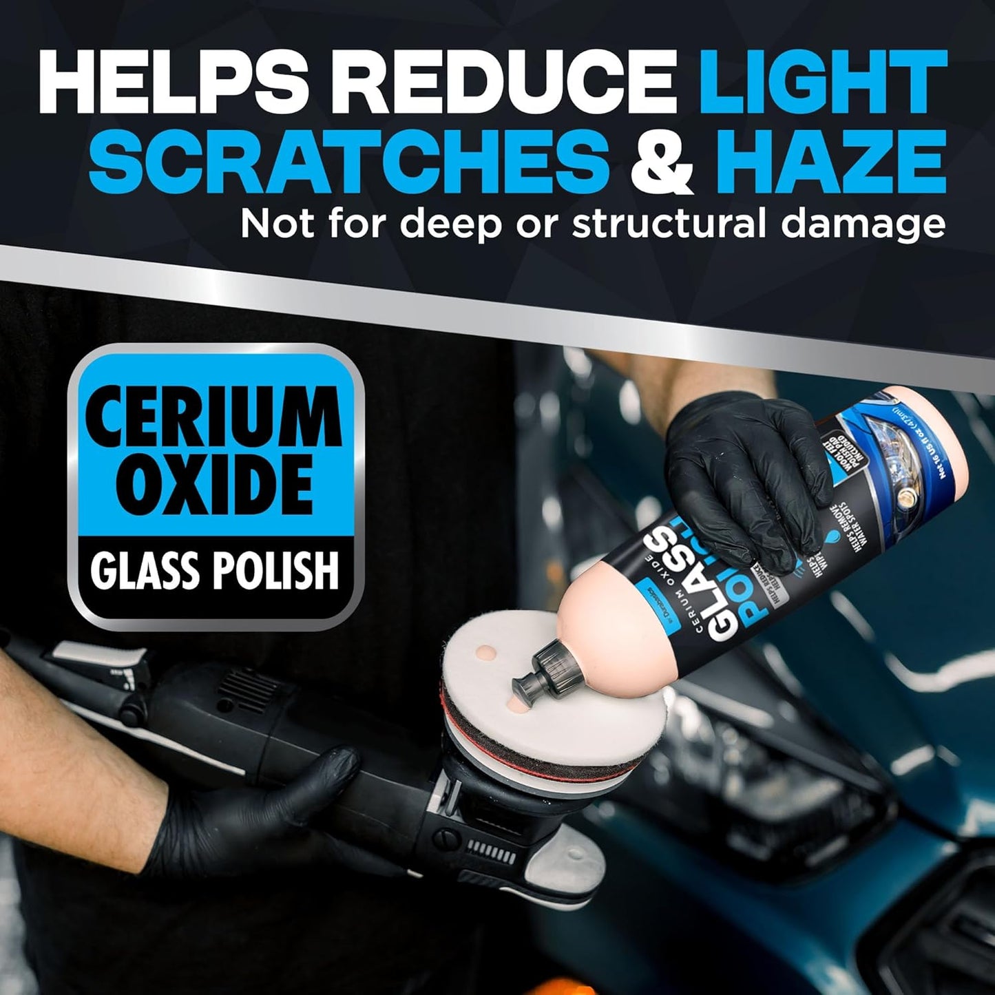 Durabasics Glass Polish Scratch Remover – Helps Reduce Light Scratches & Haze on Windshield & Glass Surfaces – Cerium Oxide Compound with 3” Wool Felt Polishing Pad Kit – 16oz