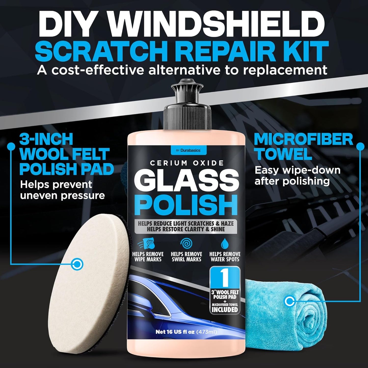 Durabasics Glass Polish Scratch Remover – Helps Reduce Light Scratches & Haze on Windshield & Glass Surfaces – Cerium Oxide Compound with 3” Wool Felt Polishing Pad Kit – 16oz
