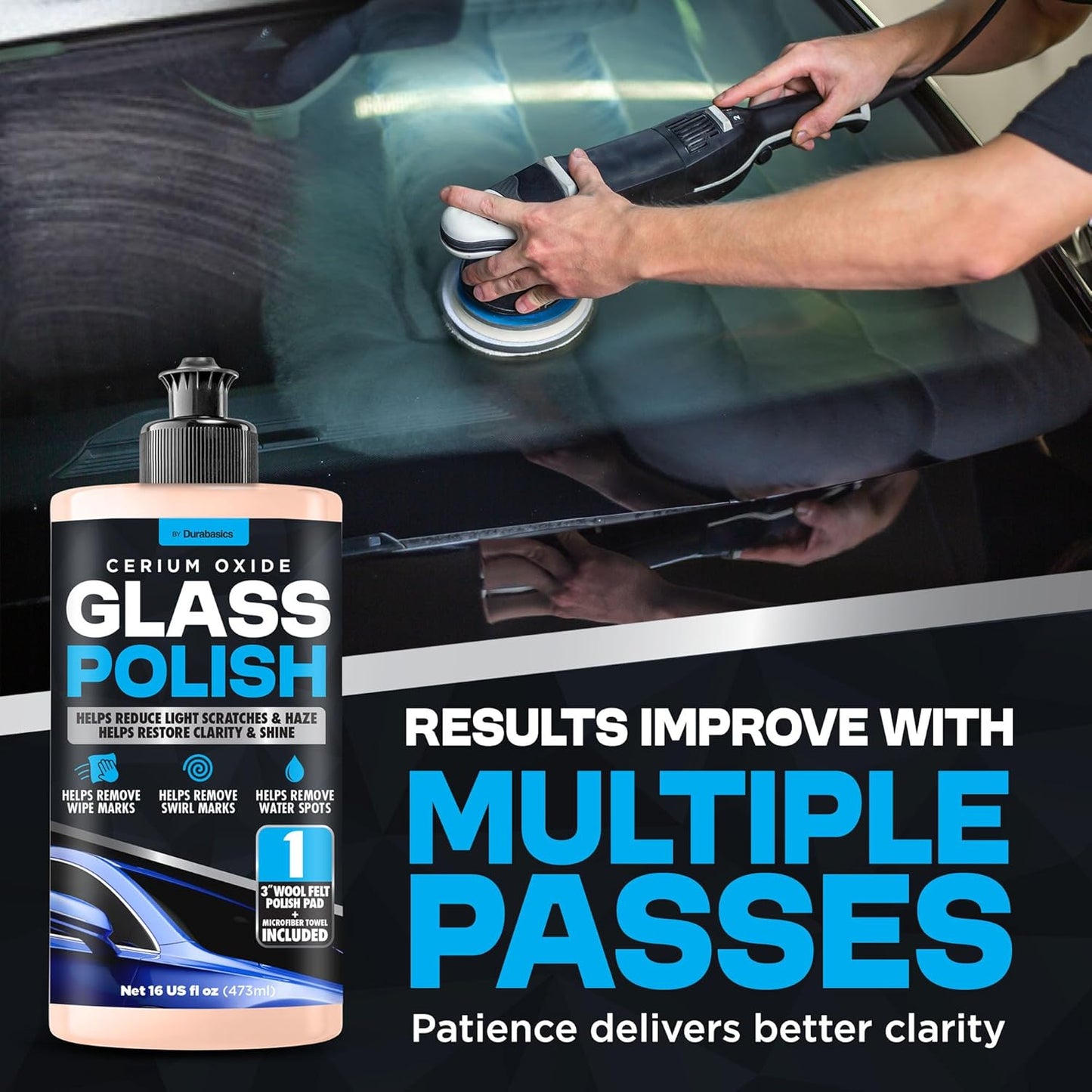 Durabasics Glass Polish Scratch Remover – Helps Reduce Light Scratches & Haze on Windshield & Glass Surfaces – Cerium Oxide Compound with 3” Wool Felt Polishing Pad Kit – 16oz