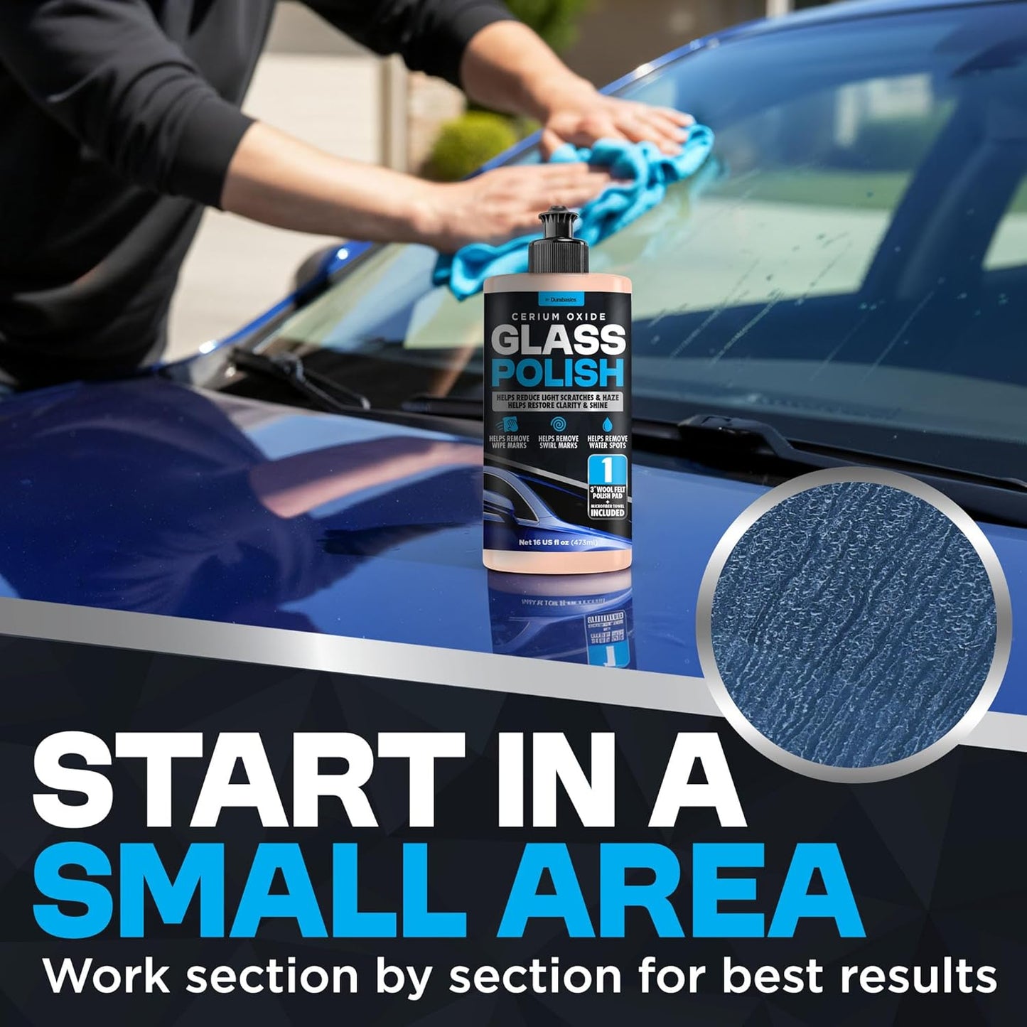 Durabasics Glass Polish Scratch Remover – Helps Reduce Light Scratches & Haze on Windshield & Glass Surfaces – Cerium Oxide Compound with 3” Wool Felt Polishing Pad Kit – 16oz