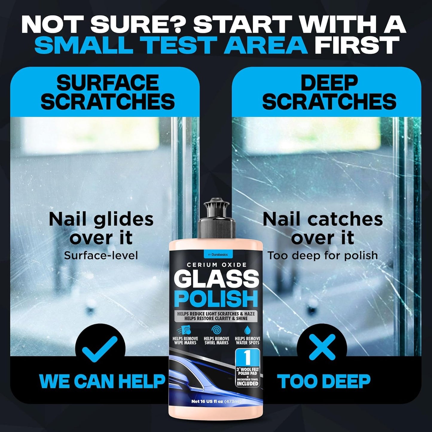 Durabasics Glass Polish Scratch Remover – Helps Reduce Light Scratches & Haze on Windshield & Glass Surfaces – Cerium Oxide Compound with 3” Wool Felt Polishing Pad Kit – 16oz