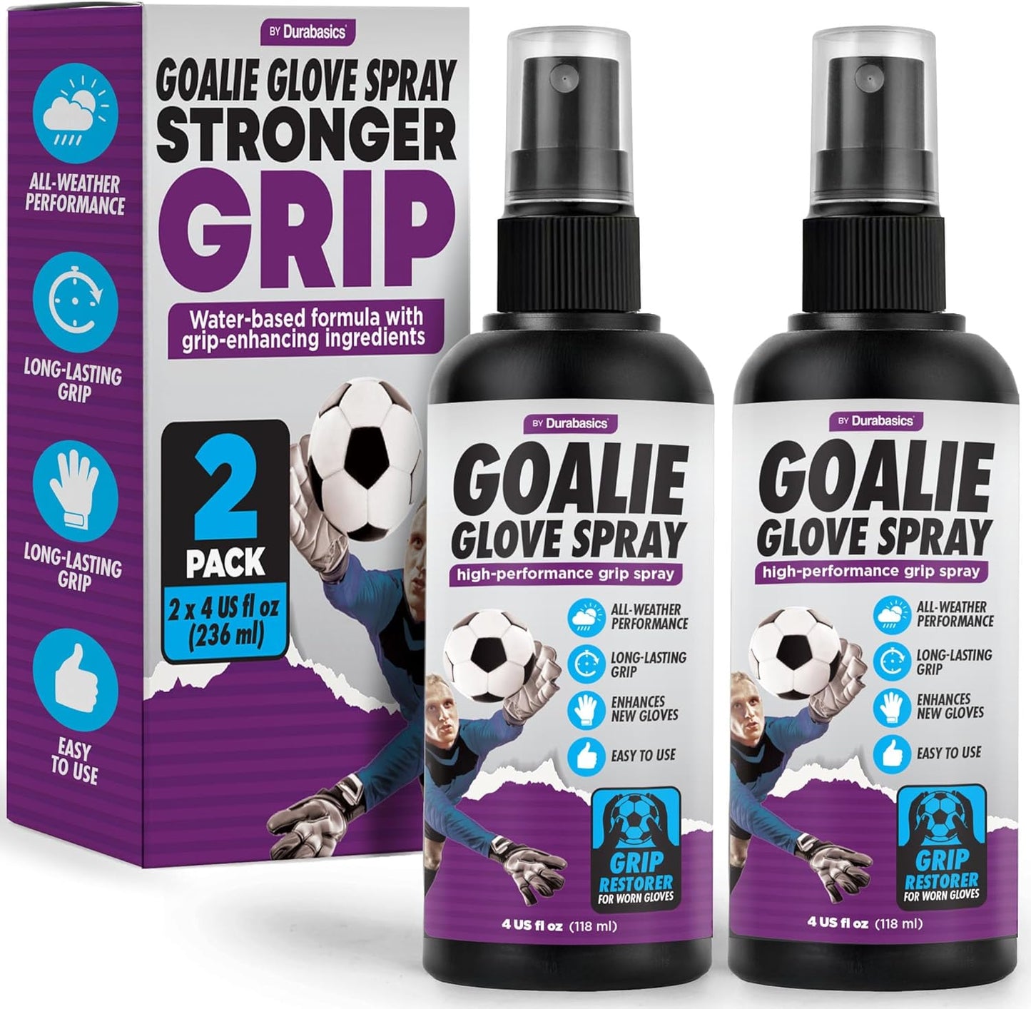 Goalie Glove Spray for Goalkeepers – Soccer Glove Grip Spray Helps Restore Tack on Worn Gloves, Water-Based Goalkeeper Glove Spray for Better Control & Grip Feel, Fine Mist Formula, 2 Pack 4oz