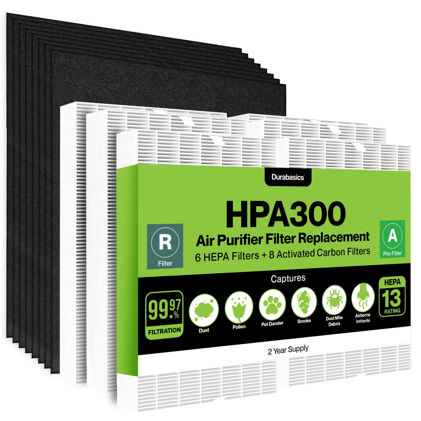 Durabasics HPA300 Compatible HEPA Filter Set - 6 HEPA Filters & 8 Pre-Cut Activated Carbon Pre Filters - Replacements for Honeywell Filter R and Pre-Filter A, HRF-R3, HRF-R2, HRF-R1, HRF-AP1 & HPA 300…