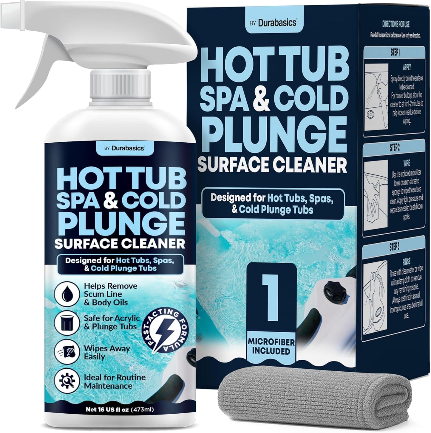 Durabasics Hot Tub Surface Cleaner & Cold Plunge Cleaner Kit, 16 oz – Helps Remove Scum Line, Body Oils & Residue – Spa Cleaner for Acrylic, Vinyl & Inflatable Tubs – Includes Microfiber Cloth