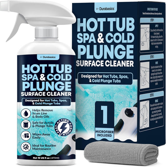 Durabasics Hot Tub Surface Cleaner & Cold Plunge Cleaner Kit, 16 oz – Helps Remove Scum Line, Body Oils & Residue – Spa Cleaner for Acrylic, Vinyl & Inflatable Tubs – Includes Microfiber Cloth