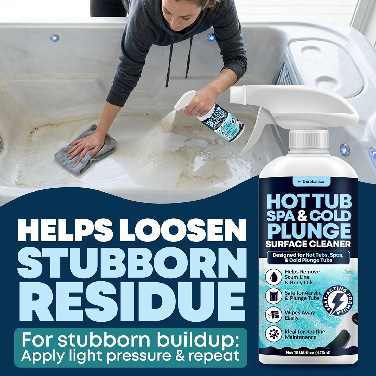 Durabasics Hot Tub Surface Cleaner & Cold Plunge Cleaner Kit, 16 oz – Helps Remove Scum Line, Body Oils & Residue – Spa Cleaner for Acrylic, Vinyl & Inflatable Tubs – Includes Microfiber Cloth