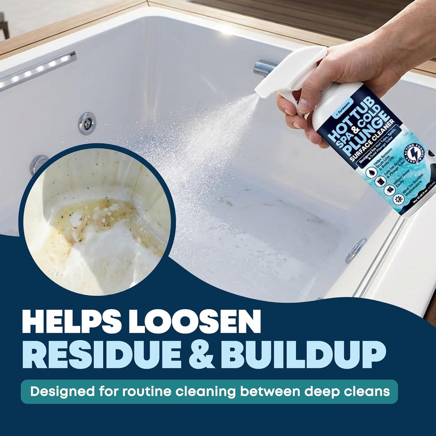 Durabasics Hot Tub Surface Cleaner & Cold Plunge Cleaner Kit, 16 oz – Helps Remove Scum Line, Body Oils & Residue – Spa Cleaner for Acrylic, Vinyl & Inflatable Tubs – Includes Microfiber Cloth