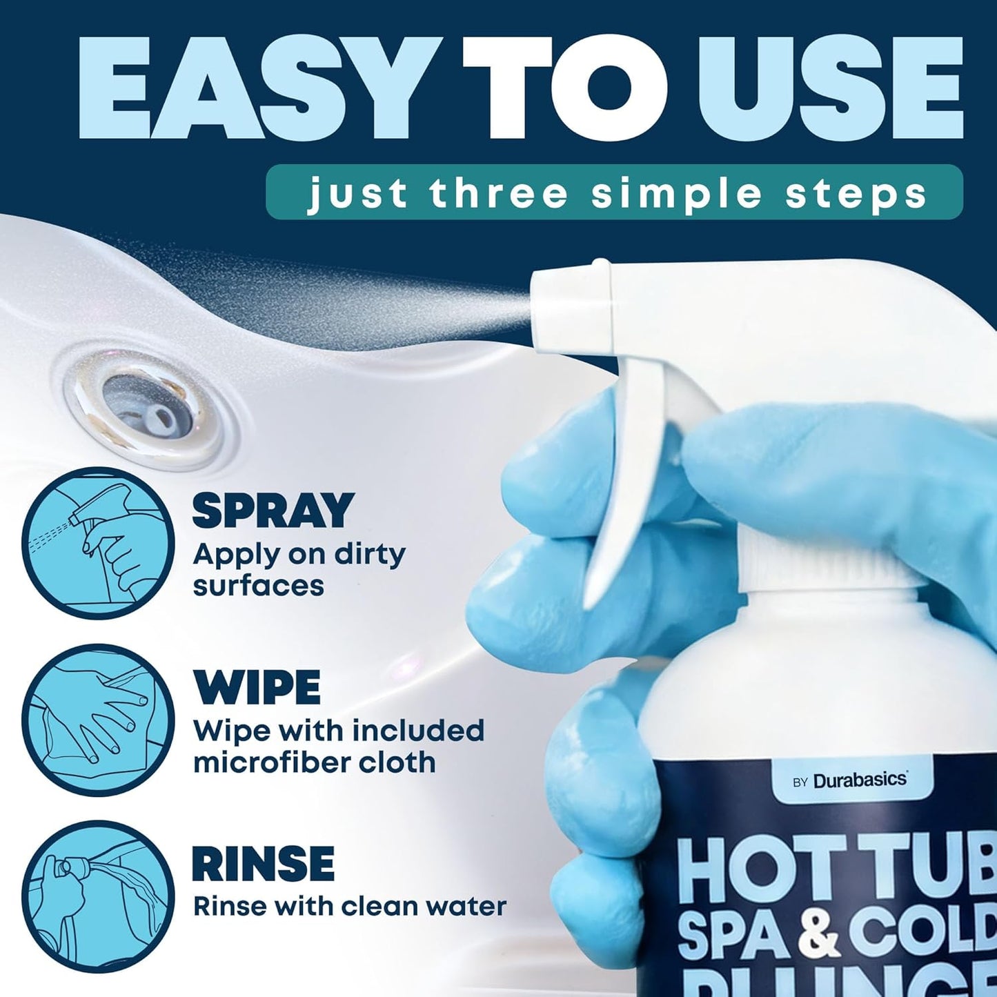 Durabasics Hot Tub Surface Cleaner & Cold Plunge Cleaner Kit, 16 oz – Helps Remove Scum Line, Body Oils & Residue – Spa Cleaner for Acrylic, Vinyl & Inflatable Tubs – Includes Microfiber Cloth