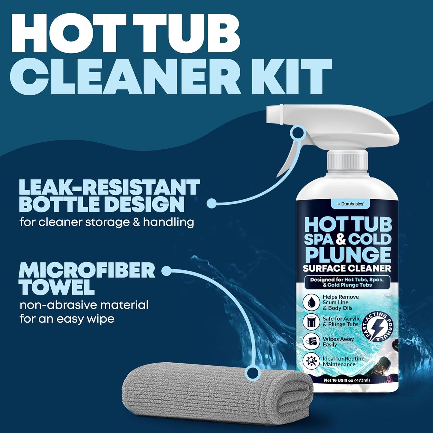 Durabasics Hot Tub Surface Cleaner & Cold Plunge Cleaner Kit, 16 oz – Helps Remove Scum Line, Body Oils & Residue – Spa Cleaner for Acrylic, Vinyl & Inflatable Tubs – Includes Microfiber Cloth
