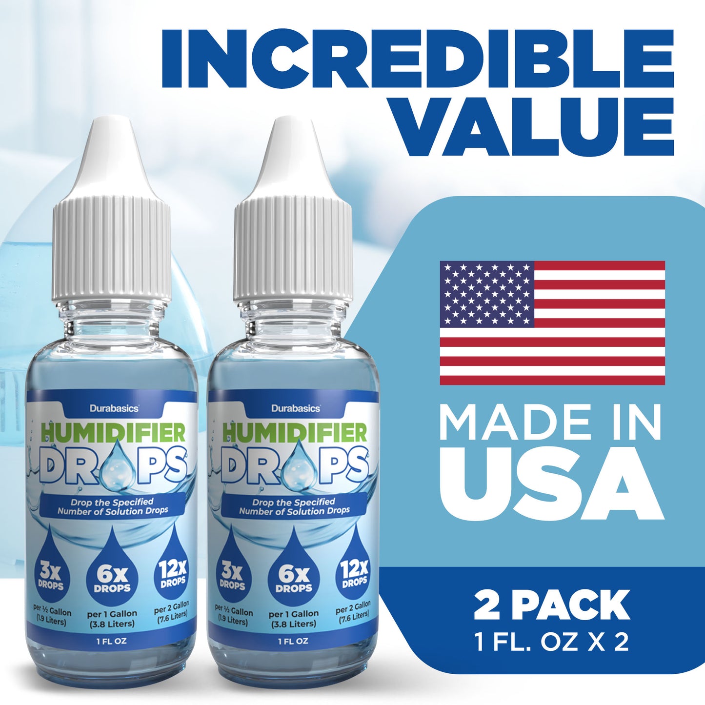 Durabasics [2 Pack] Humidifier Drops for Cleaning - Food Grade Humidifier Cleaner Slows Buildup & Scaling - Cleans & Deodorizes Water - Suitable for All Models - 200+ Day Supply - Made in USA