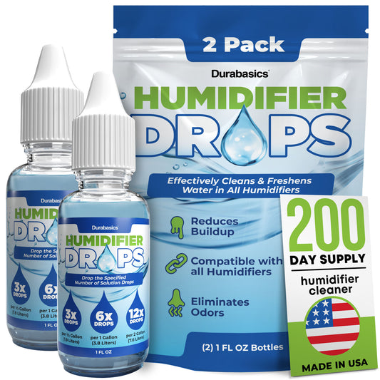 Durabasics [2 Pack] Humidifier Drops for Cleaning - Food Grade Humidifier Cleaner Slows Buildup & Scaling - Cleans & Deodorizes Water - Suitable for All Models - 200+ Day Supply - Made in USA