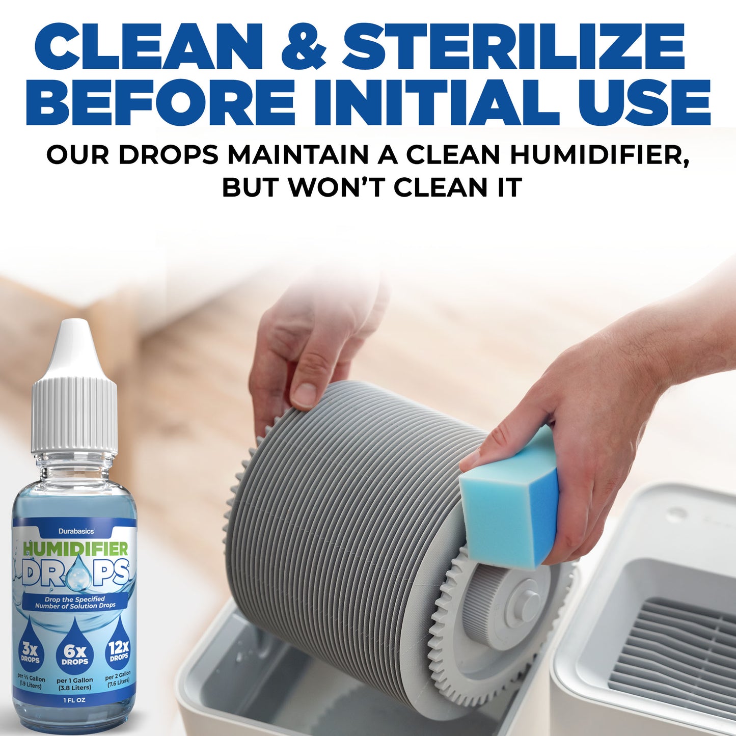 Durabasics [2 Pack] Humidifier Drops for Cleaning - Food Grade Humidifier Cleaner Slows Buildup & Scaling - Cleans & Deodorizes Water - Suitable for All Models - 200+ Day Supply - Made in USA