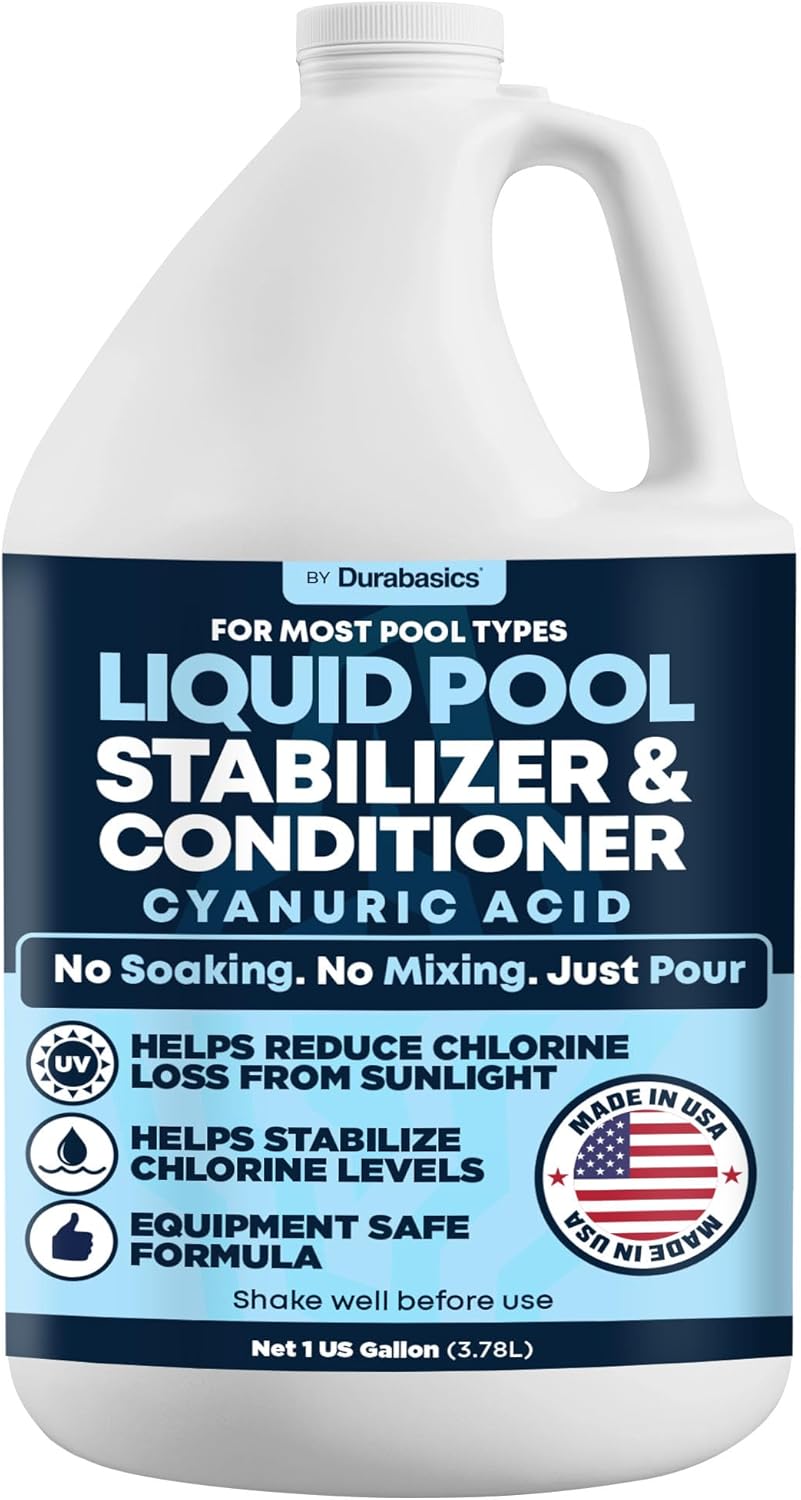 Durabasics Liquid Pool Stabilizer & Conditioner, Cyanuric Acid Pool Stabilizer for Salt Pools & Chlorine Pools, Helps Reduce Chlorine Loss from Sunlight, Easy-Pour Formula, 1 Gallon
