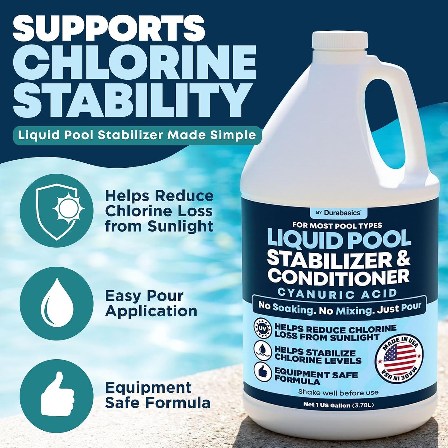 Durabasics Liquid Pool Stabilizer & Conditioner, Cyanuric Acid Pool Stabilizer for Salt Pools & Chlorine Pools, Helps Reduce Chlorine Loss from Sunlight, Easy-Pour Formula, 1 Gallon