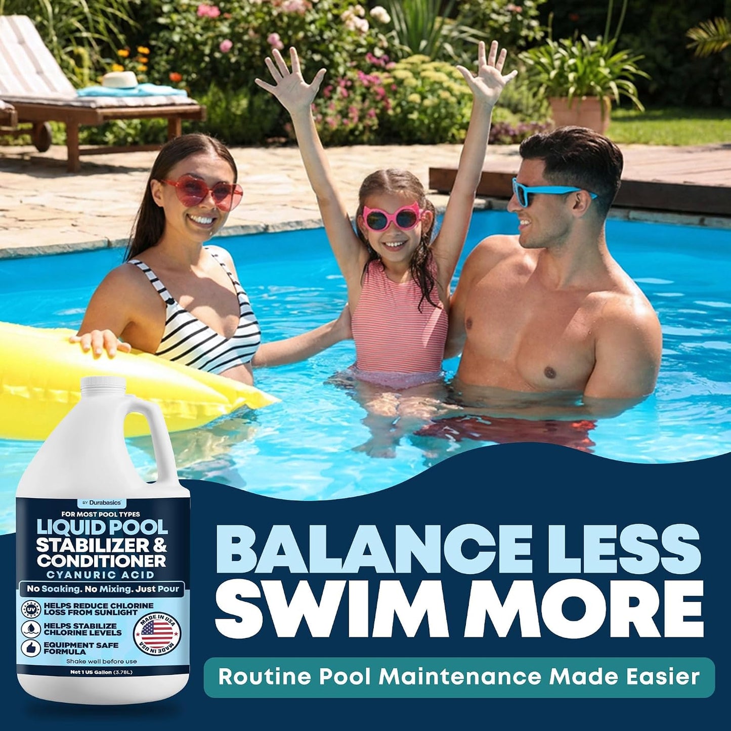 Durabasics Liquid Pool Stabilizer & Conditioner, Cyanuric Acid Pool Stabilizer for Salt Pools & Chlorine Pools, Helps Reduce Chlorine Loss from Sunlight, Easy-Pour Formula, 1 Gallon
