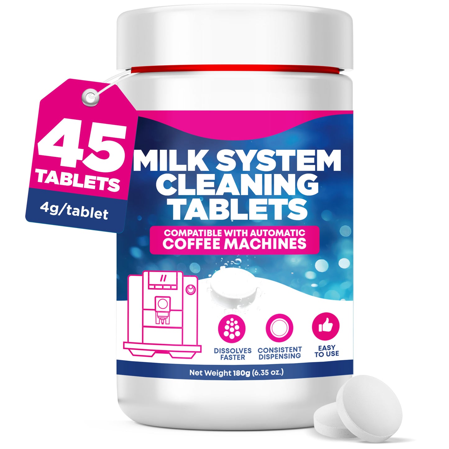 [45 Count, 180g Bottle] Milk System Cleaning Tablets for Automatic Coffee Machines - Compatible with Jura Automatic Coffee Machines - Includes Cleaning, Descaling Tablets, and Milk System Cleaner