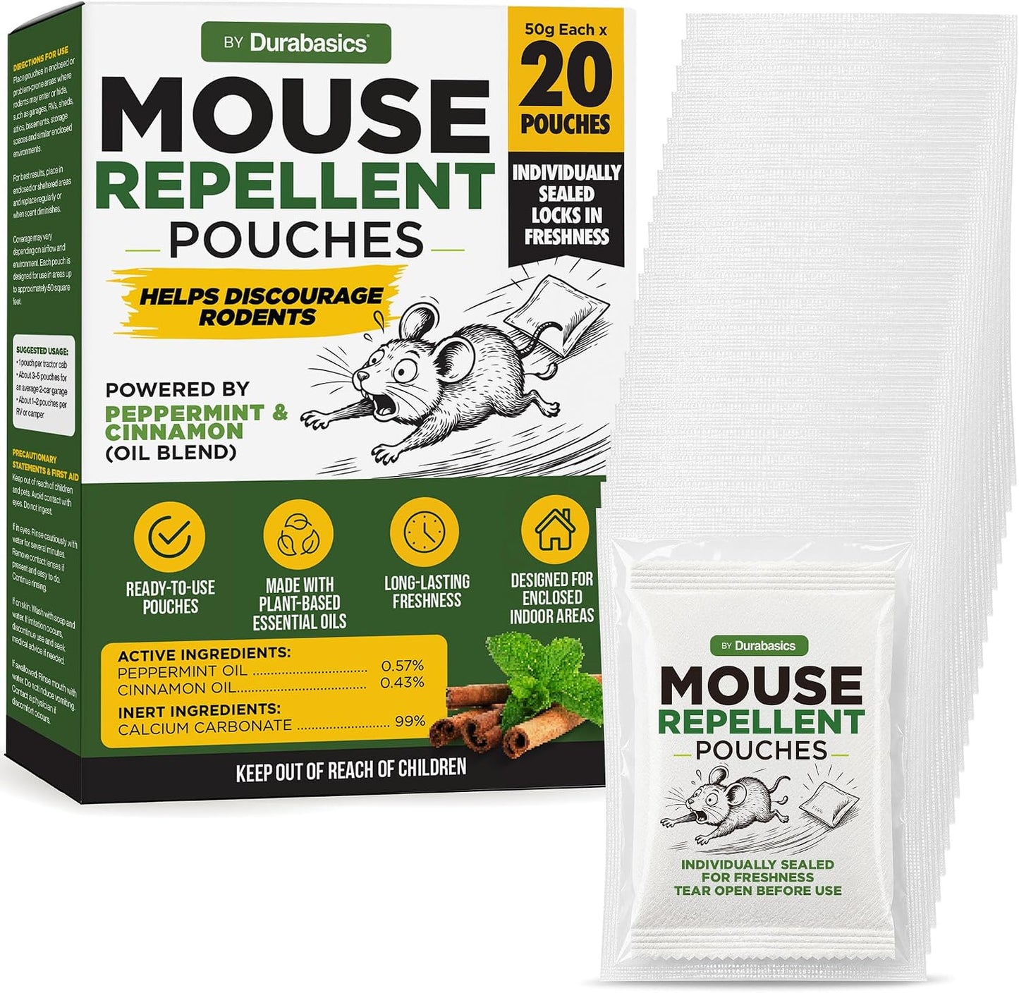 Durabasics Mouse Repellent Pouches, 20 Individually Sealed 50 g Pouches, with Natural Peppermint & Cinnamon Oil ingredients, Ready-to-Use for Garages, Attics, Sheds, RVs & Storage Areas