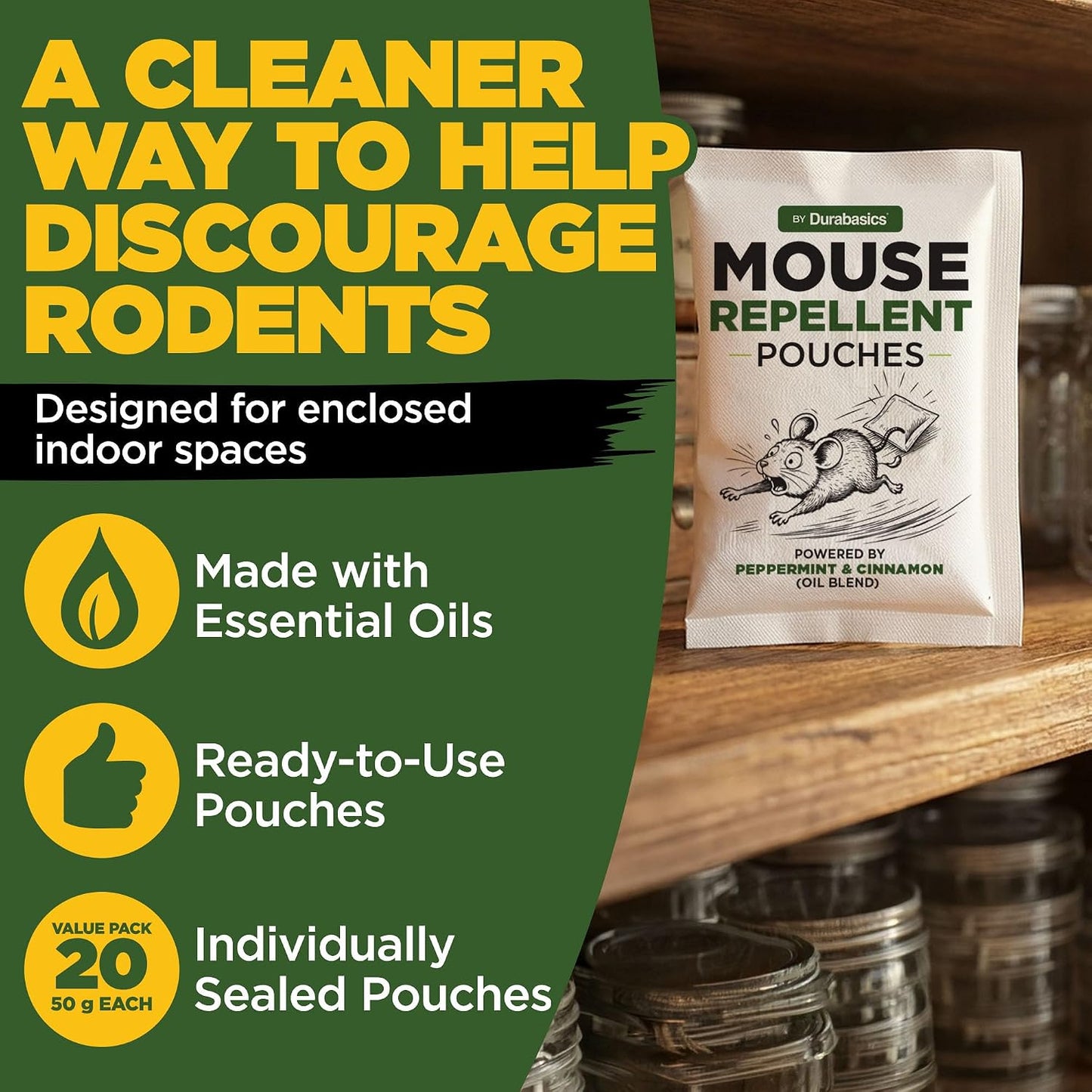 Durabasics Mouse Repellent Pouches, 20 Individually Sealed 50 g Pouches, with Natural Peppermint & Cinnamon Oil ingredients, Ready-to-Use for Garages, Attics, Sheds, RVs & Storage Areas