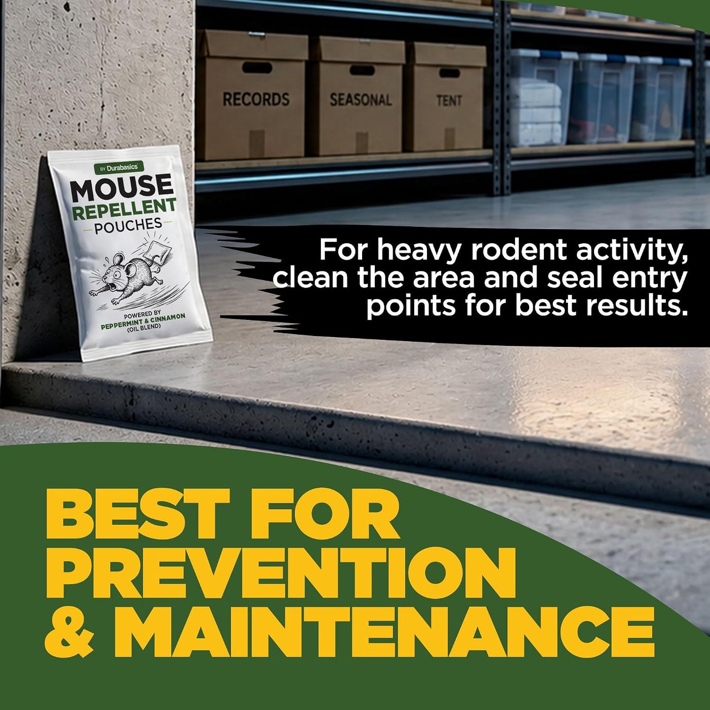 Durabasics Mouse Repellent Pouches, 20 Individually Sealed 50 g Pouches, with Natural Peppermint & Cinnamon Oil ingredients, Ready-to-Use for Garages, Attics, Sheds, RVs & Storage Areas
