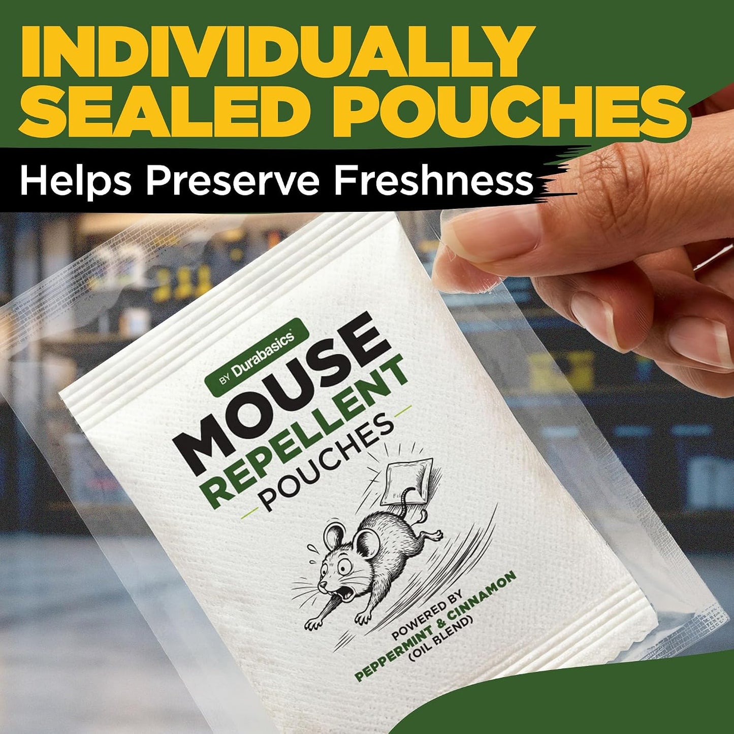 Durabasics Mouse Repellent Pouches, 20 Individually Sealed 50 g Pouches, with Natural Peppermint & Cinnamon Oil ingredients, Ready-to-Use for Garages, Attics, Sheds, RVs & Storage Areas