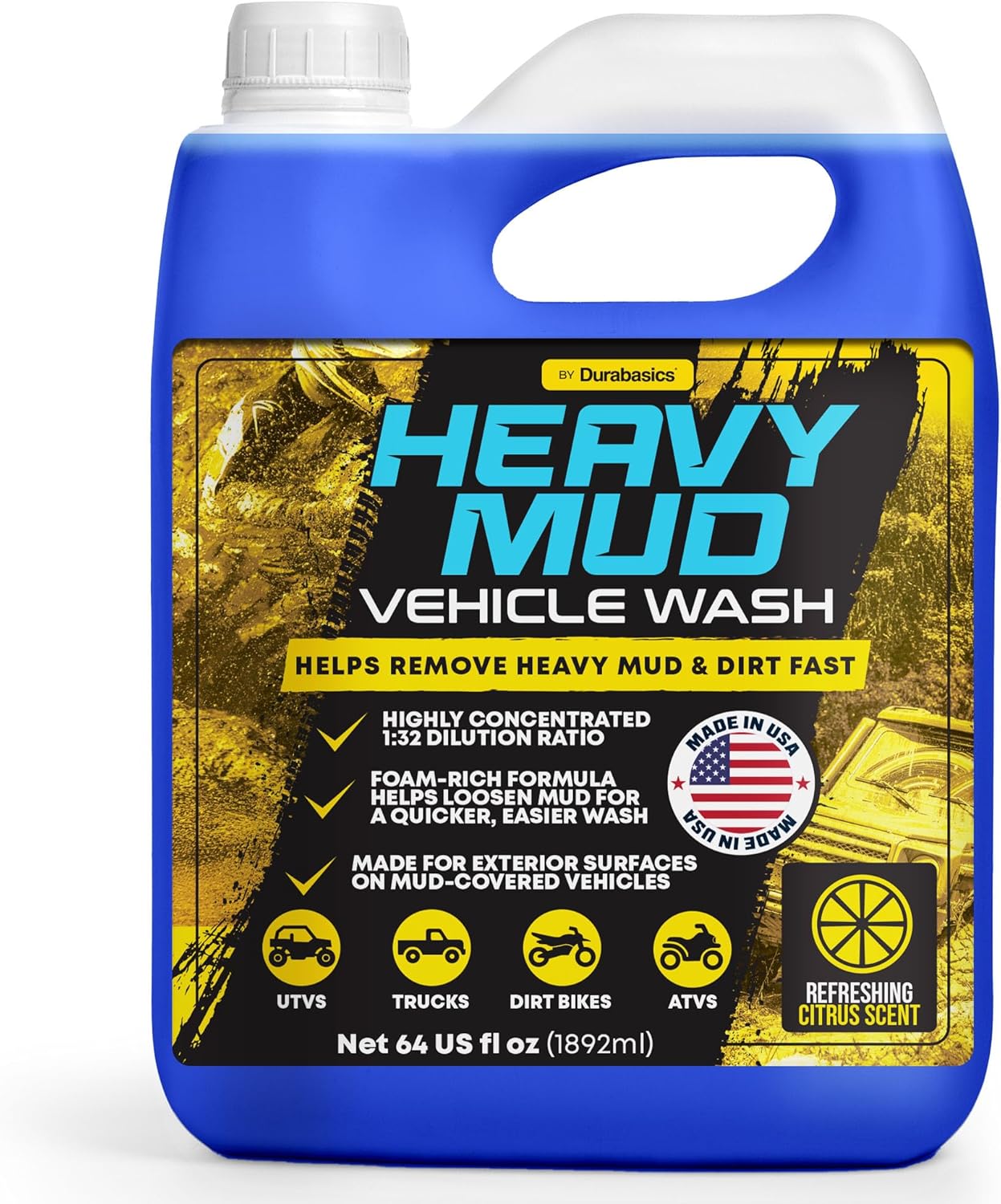 Durabasics Heavy Mud Wash – Highly Concentrated 1:32 Ratio, Thick Foam Car Wash Soap & ATV Cleaner for Trucks, UTV Cleaner, Dirt Bikes & RVs – Works with Foam Cannons & Bucket Washes – 64 fl oz