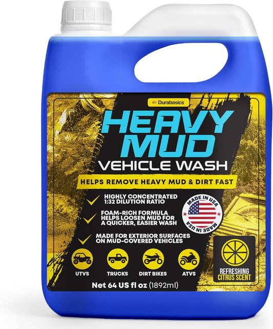 Durabasics Heavy Mud Wash – Highly Concentrated 1:32 Ratio, Thick Foam Car Wash Soap & ATV Cleaner for Trucks, UTV Cleaner, Dirt Bikes & RVs – Works with Foam Cannons & Bucket Washes – 64 fl oz