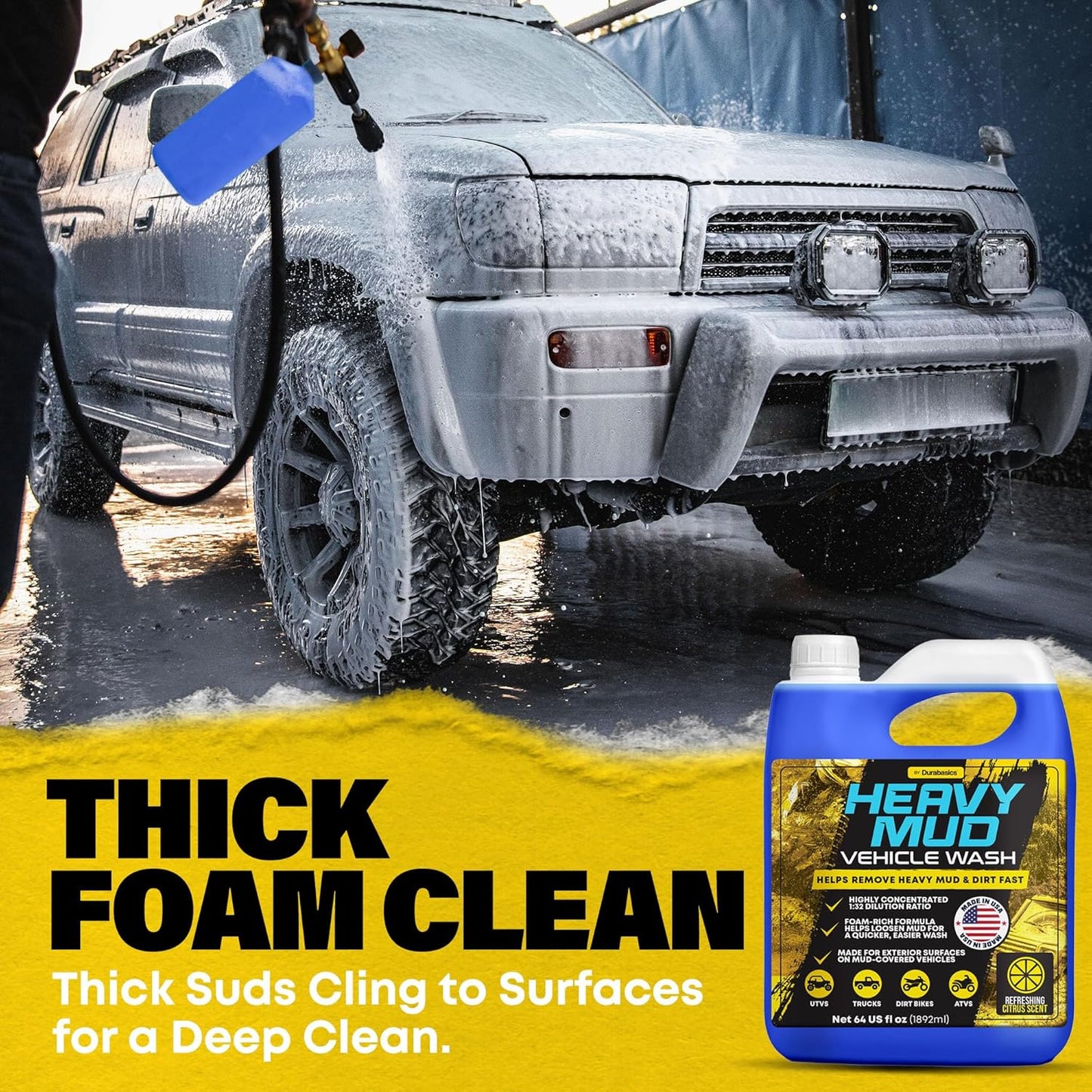Durabasics Heavy Mud Wash – Highly Concentrated 1:32 Ratio, Thick Foam Car Wash Soap & ATV Cleaner for Trucks, UTV Cleaner, Dirt Bikes & RVs – Works with Foam Cannons & Bucket Washes – 64 fl oz
