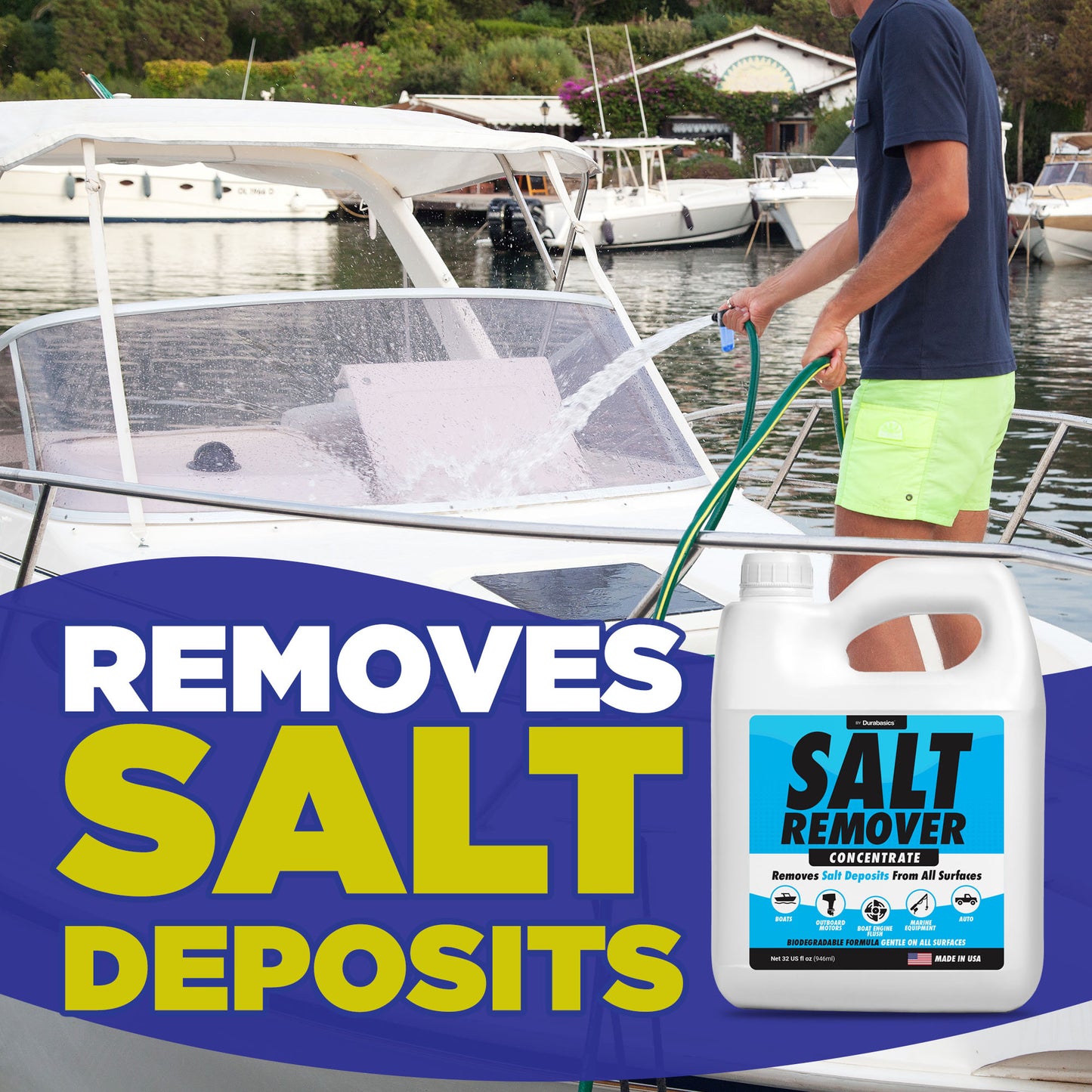 Durabasics Salt Remover Concentrate Kit - Salt Gone - Ultimate Boat Salt Remover & Marine Engine Flush - 32 OZ with Hose Applicator - Perfect for Outboard Motor Flush & Washing Salt Deposits Away