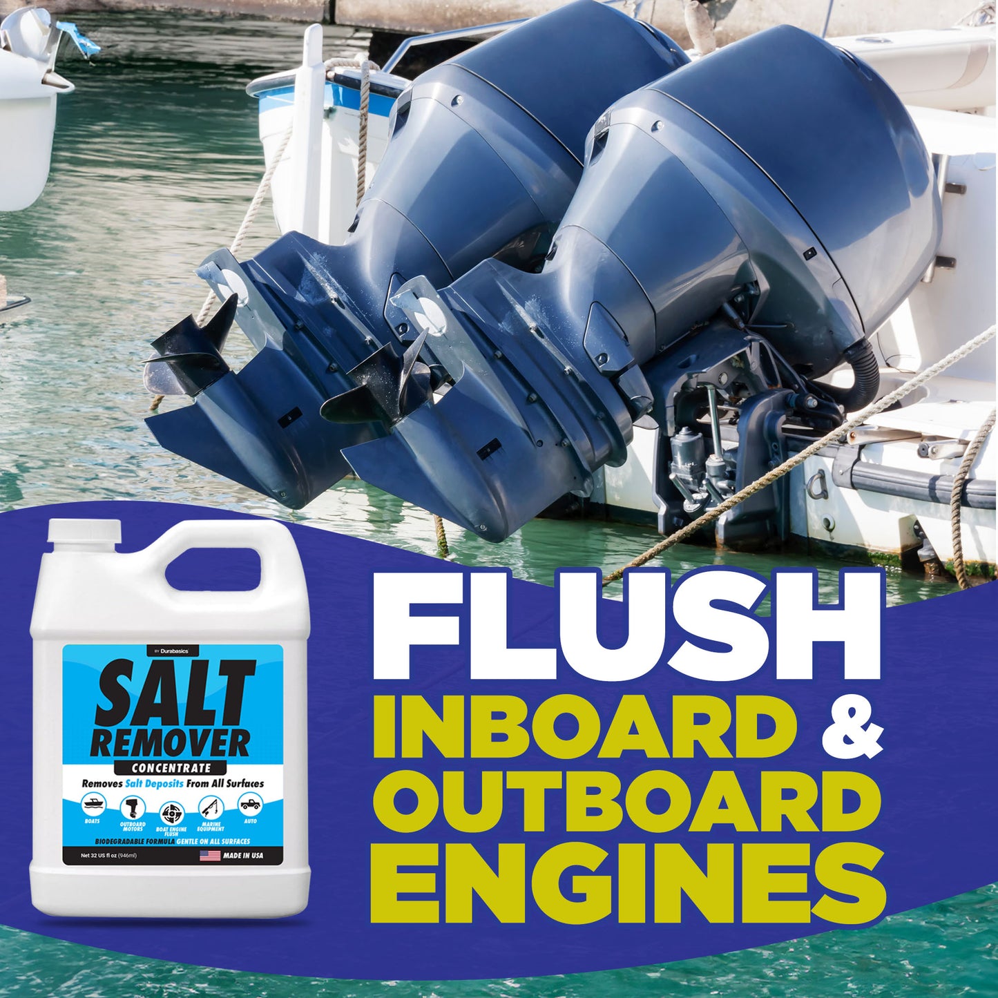 Durabasics Salt Remover Concentrate Kit - Salt Gone - Ultimate Boat Salt Remover & Marine Engine Flush - 32 OZ with Hose Applicator - Perfect for Outboard Motor Flush & Washing Salt Deposits Away