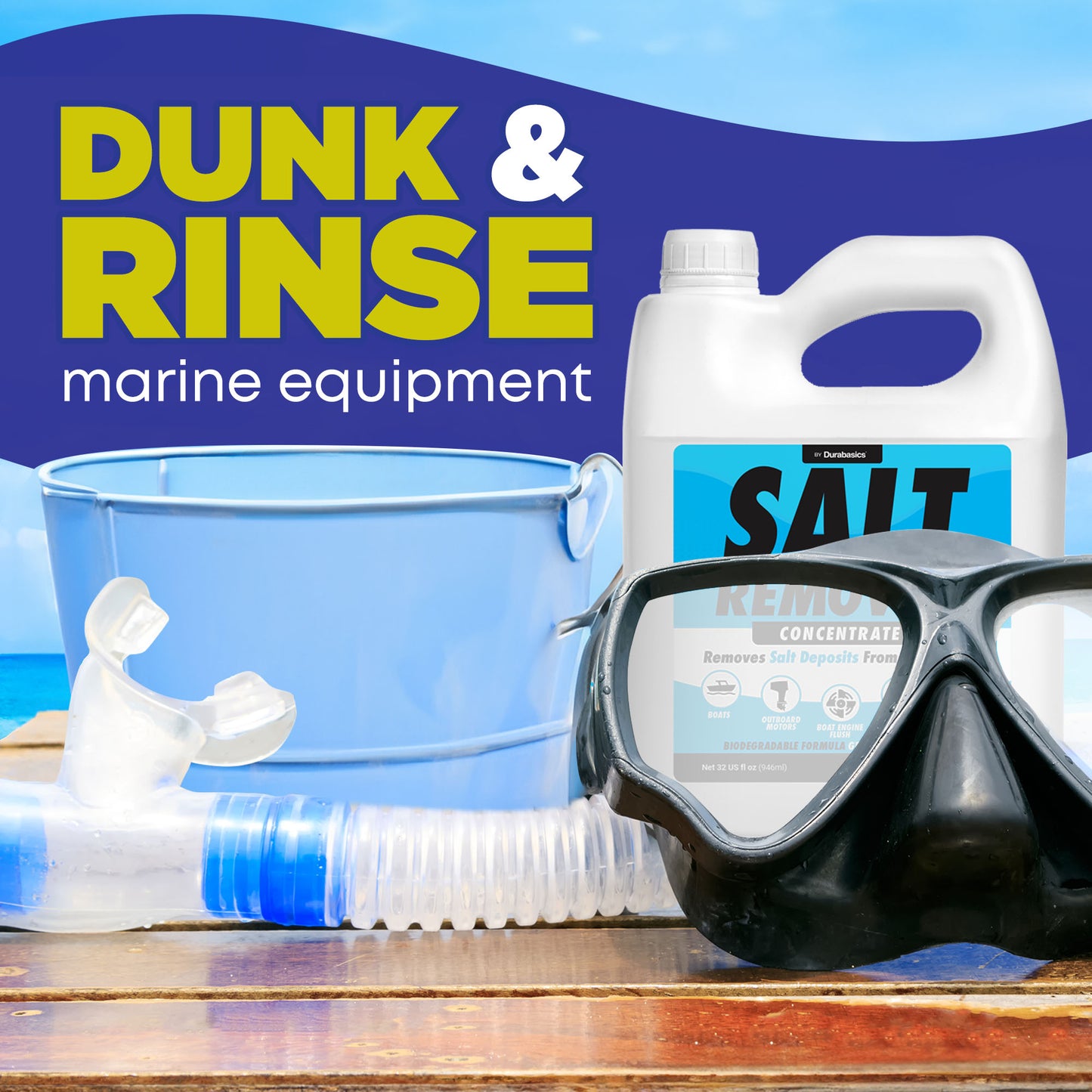 Durabasics Salt Remover Concentrate Kit - Salt Gone - Ultimate Boat Salt Remover & Marine Engine Flush - 32 OZ with Hose Applicator - Perfect for Outboard Motor Flush & Washing Salt Deposits Away