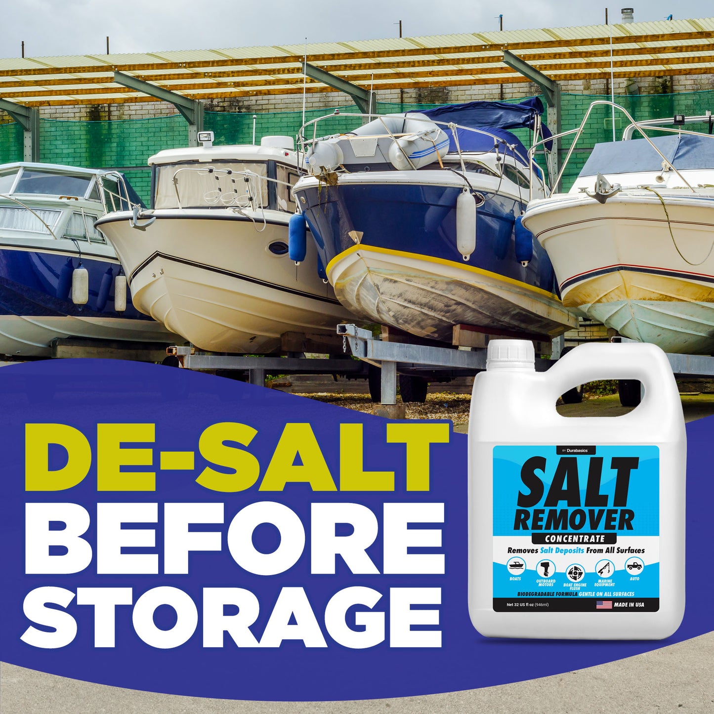 Durabasics Salt Remover Concentrate Kit - Salt Gone - Ultimate Boat Salt Remover & Marine Engine Flush - 32 OZ with Hose Applicator - Perfect for Outboard Motor Flush & Washing Salt Deposits Away