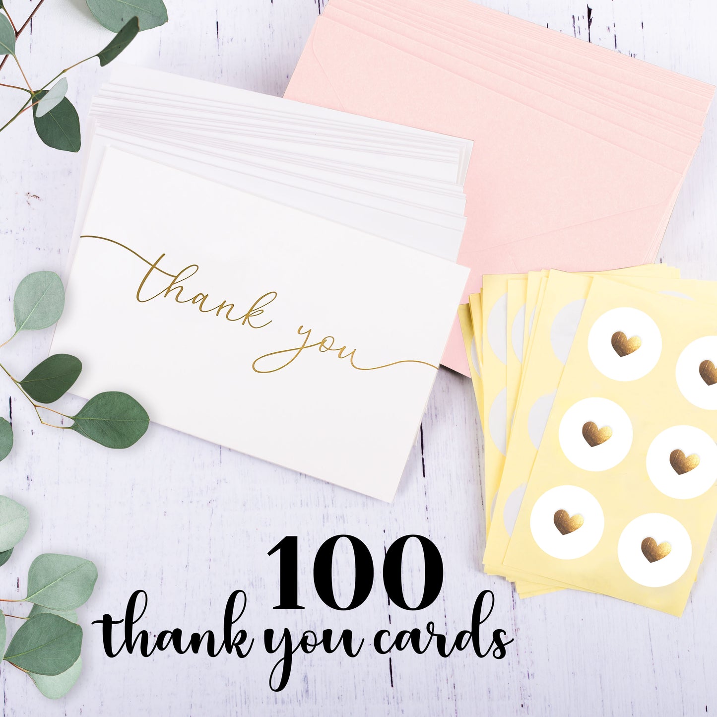 100 Heavyweight Blank Thank You Cards with Envelopes & Stickers, Premium Thank You Cards Wedding with Envelopes Set, Bulk Gold Script Notes, Wedding & Bridal Shower Set, (4 x 6 Inches) (100 Pack)