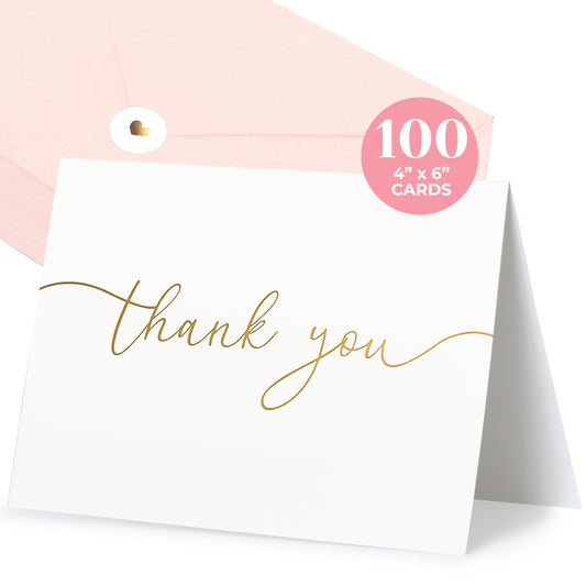100 Heavyweight Blank Thank You Cards with Envelopes & Stickers, Premium Thank You Cards Wedding with Envelopes Set, Bulk Gold Script Notes, Wedding & Bridal Shower Set, (4 x 6 Inches) (100 Pack)