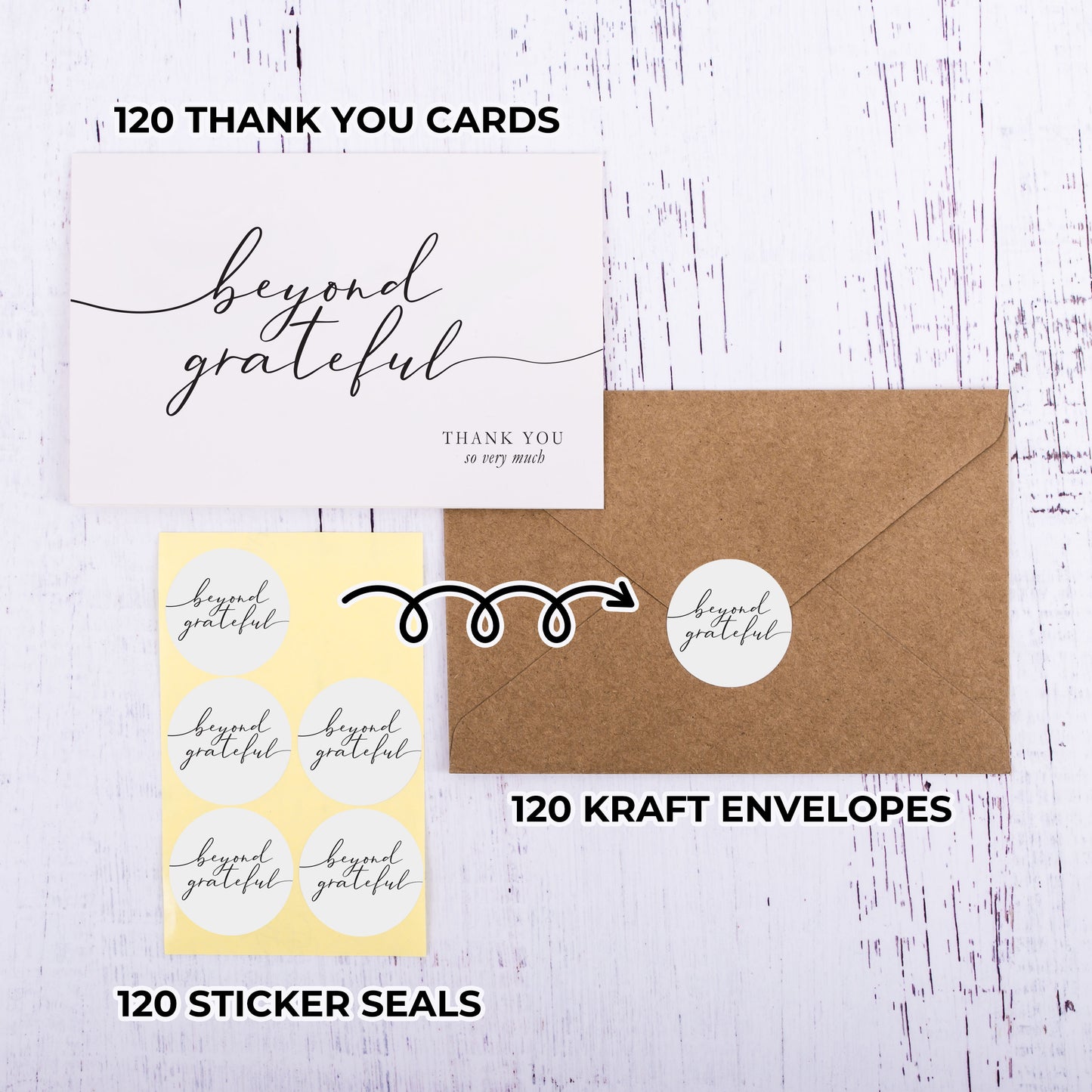 120 Heavyweight Blank Thank You Cards with Envelopes Beyond Grateful Thank You Cards, Bridal Shower, Engagement, Graduation, Wedding Bulk Pack Card with Envelopes & Stickers (4 x 6 Inches) (120 Pack)