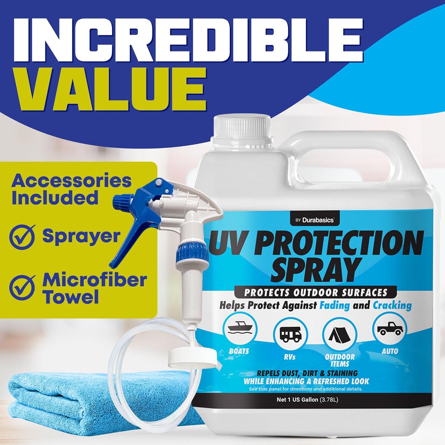 UV Protection Spray for Outdoor Surfaces – Helps Reduce Fading, Cracking, and Stains – Non-Greasy, Matte Finish – Includes Sprayer & Towel – Use on Vinyl, Plastic, Rubber, Artificial Plants