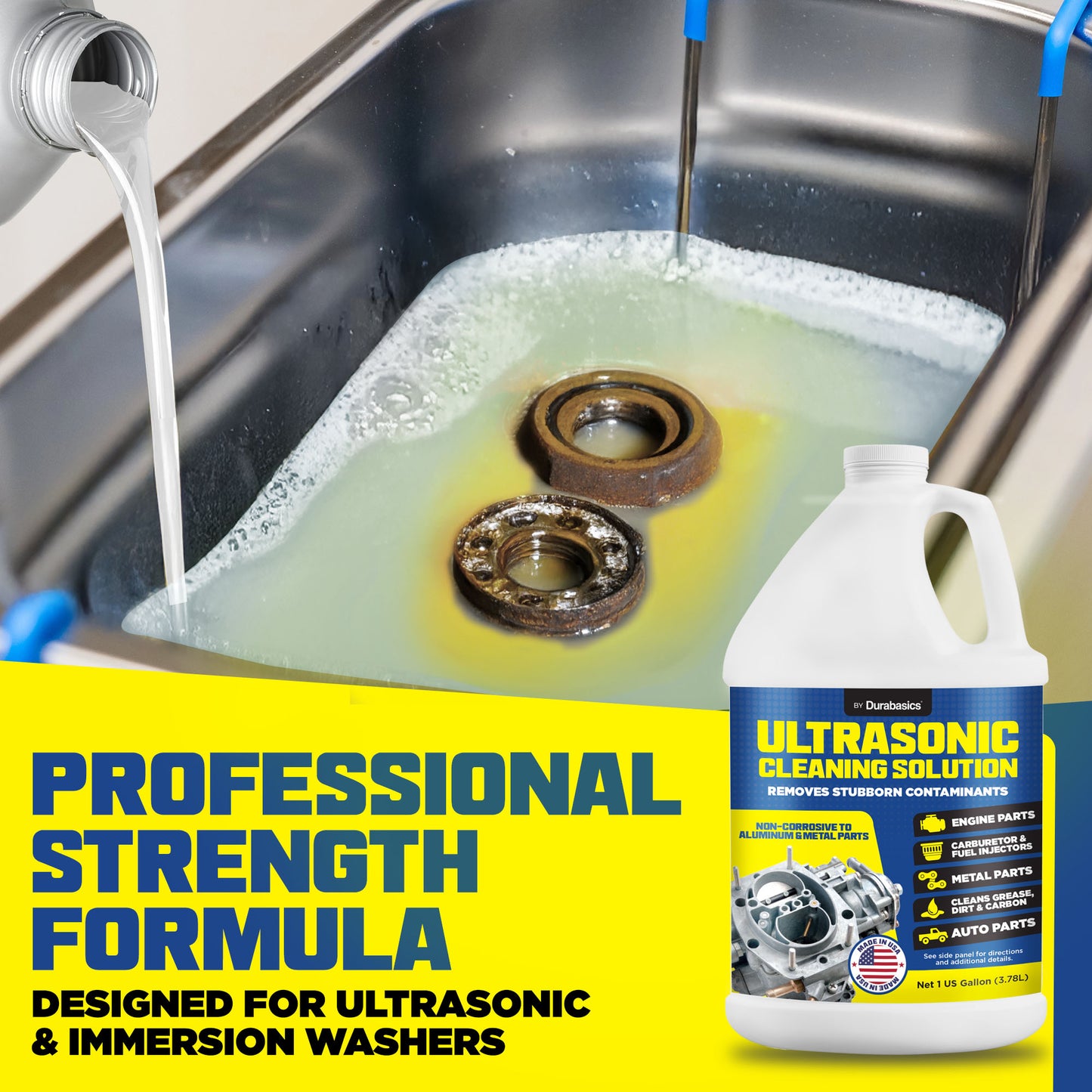 Durabasics [1 Gallon] Ultrasonic Cleaner Solution – Heavy-Duty Parts Cleaner & Carburetor Cleaning Solution – Perfect for Engine & Automotive Parts – Helps Remove Carbon, Grease – Safe on Most Metals